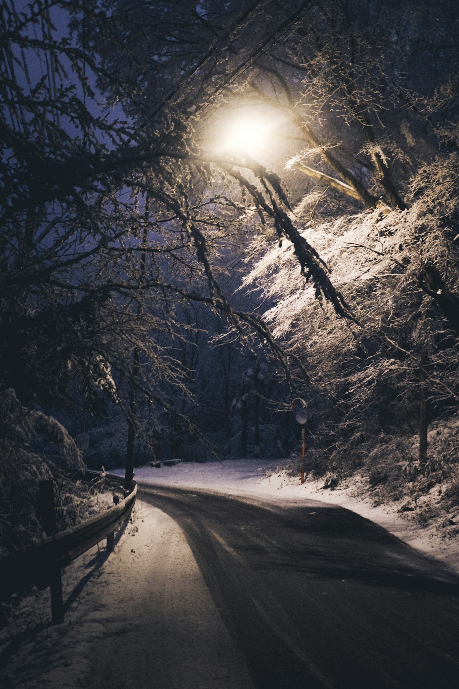 Snow-covered road illuminated by a streetlight in a winter landscape