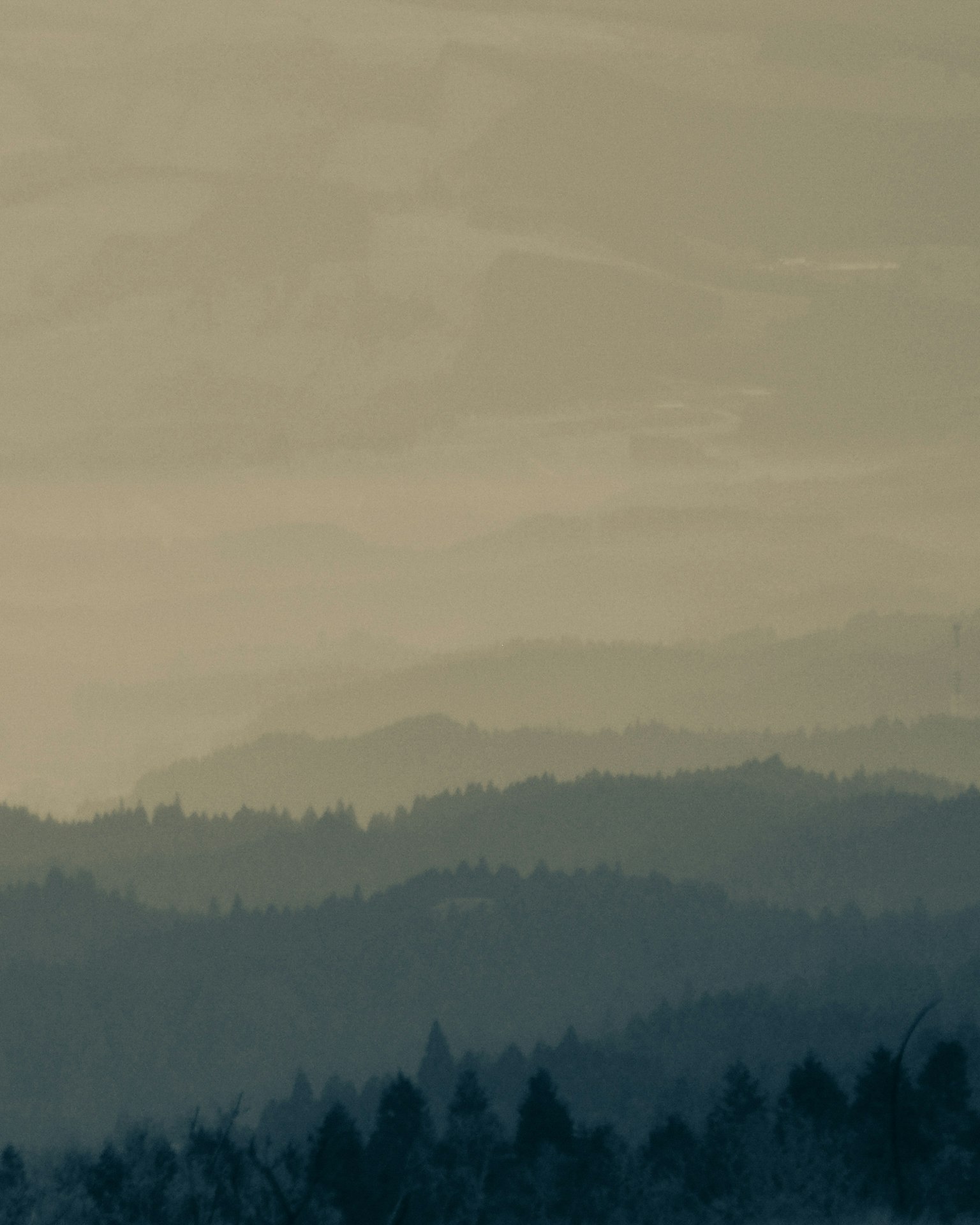 Landscape featuring overlapping mountains and soft color tones