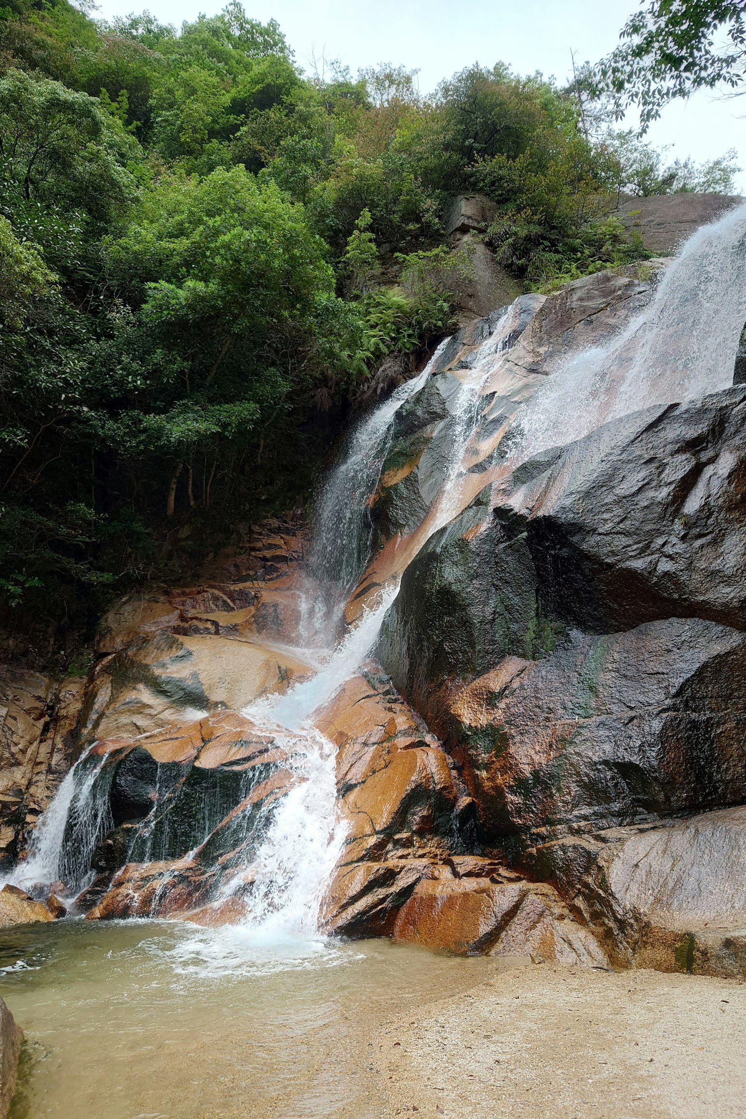 Hermosa cascada que cae sobre rocas rodeadas de vegetación exuberante