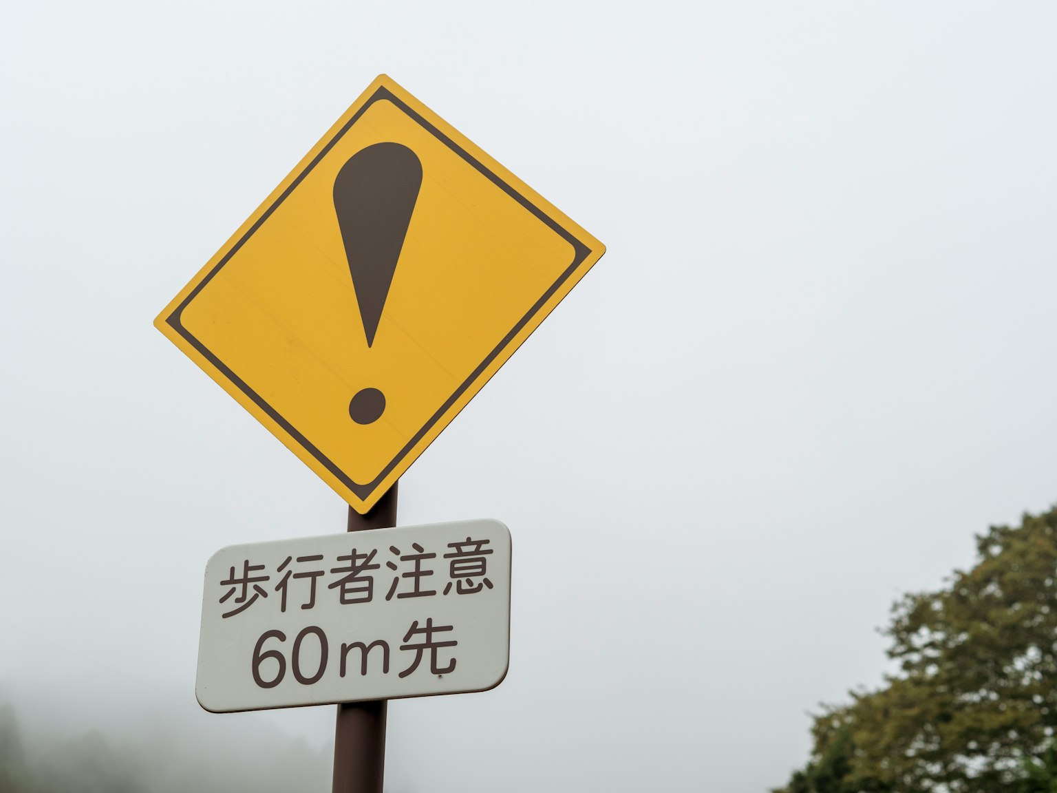 Señal de advertencia amarilla con un signo de exclamación y texto de advertencia en japonés