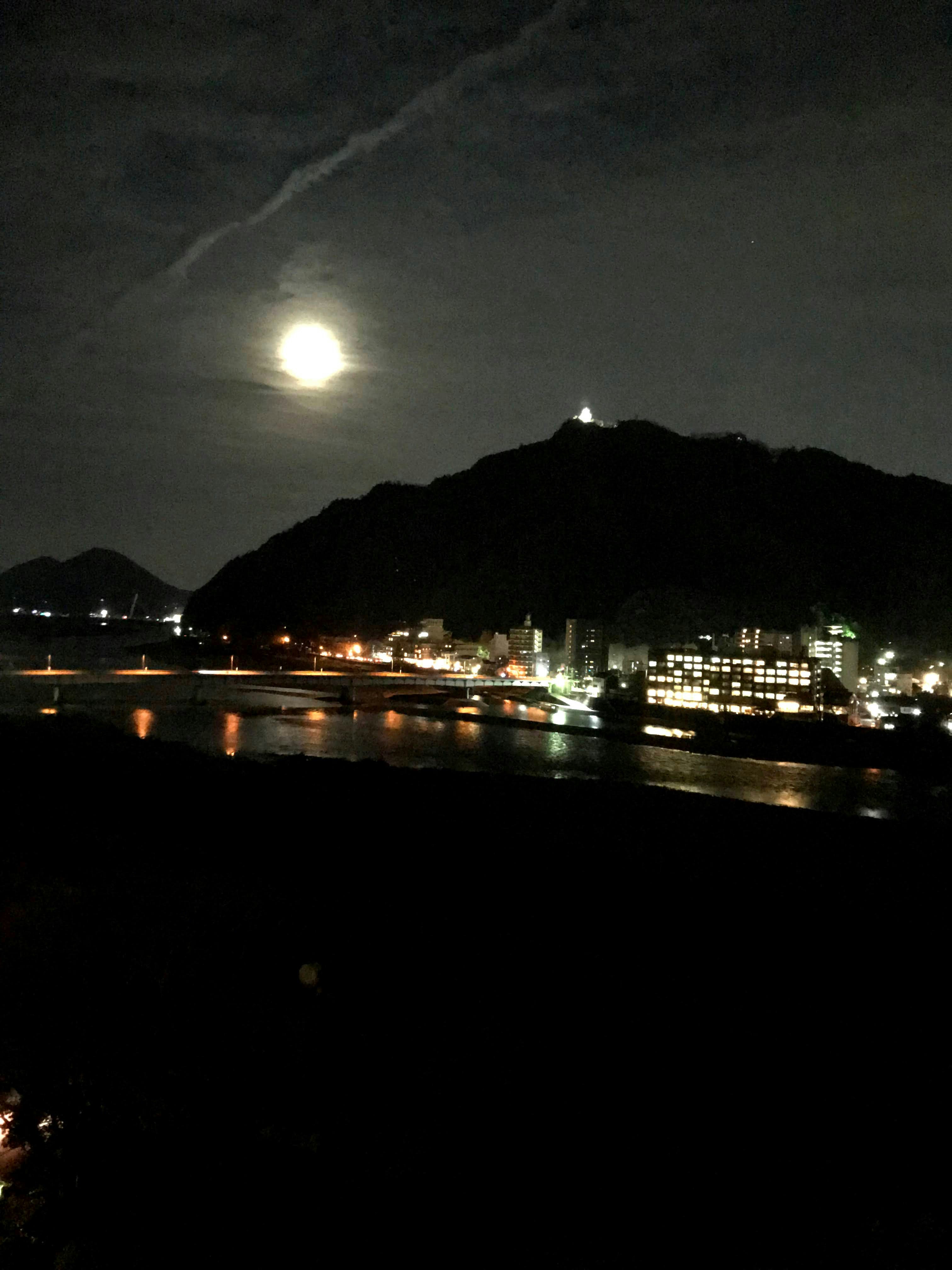 夜の海辺と灯りの並ぶ湾岸の景色