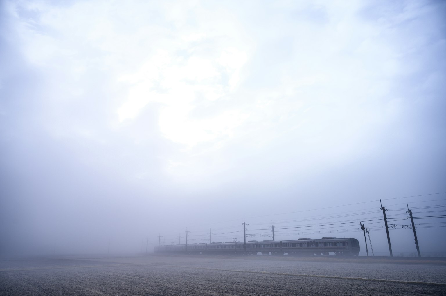 Paysage brumeux avec des poteaux électriques visibles