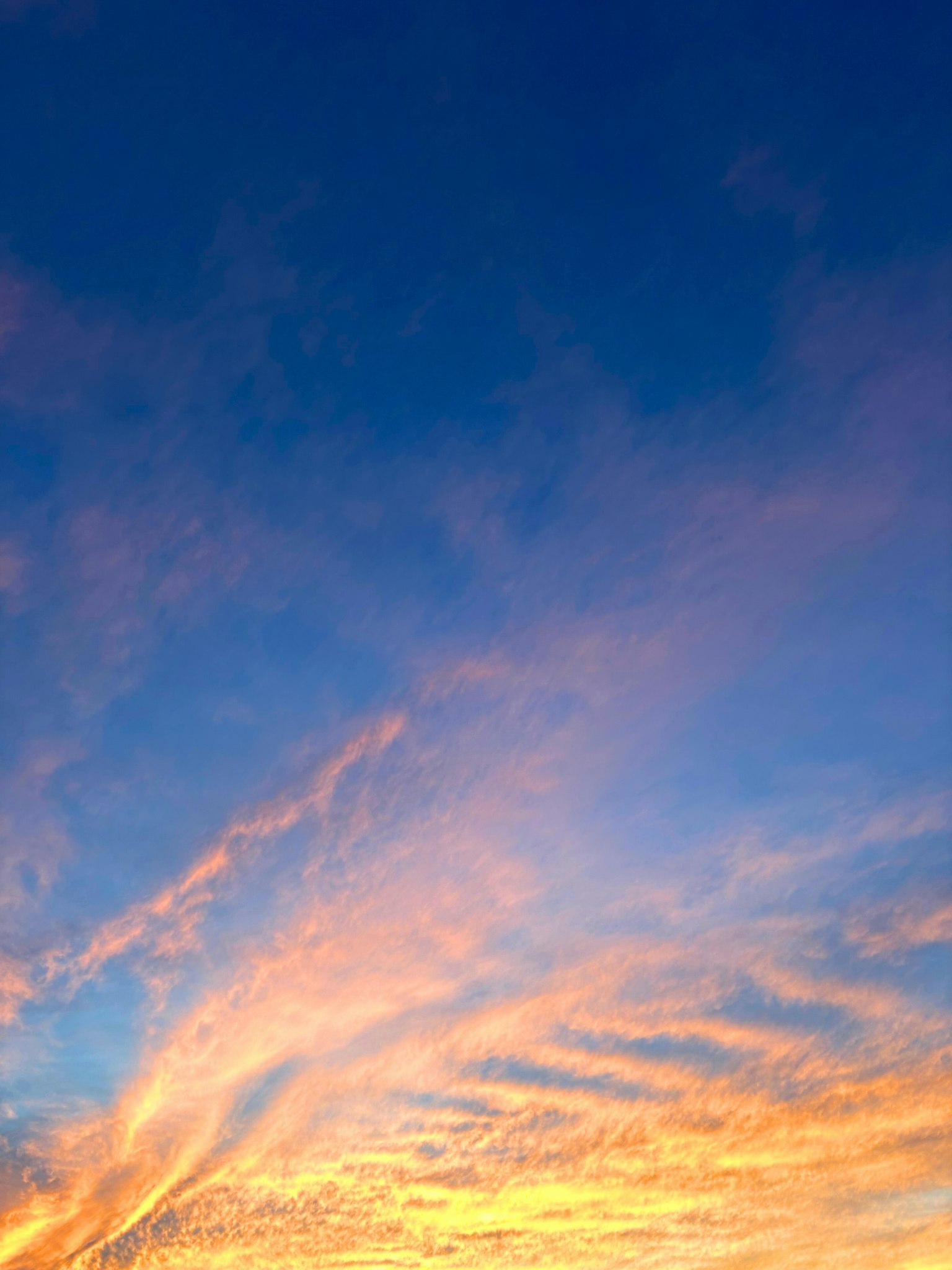 Langit senja yang indah dengan awan oranye di latar belakang biru