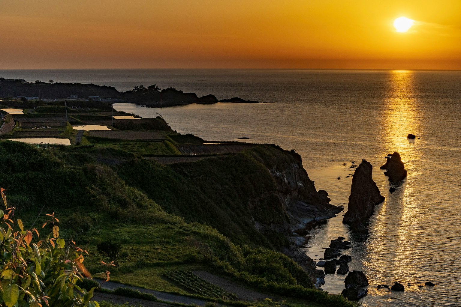 Vue pittoresque d'un coucher de soleil sur la mer avec des falaises verdoyantes et des formations rocheuses
