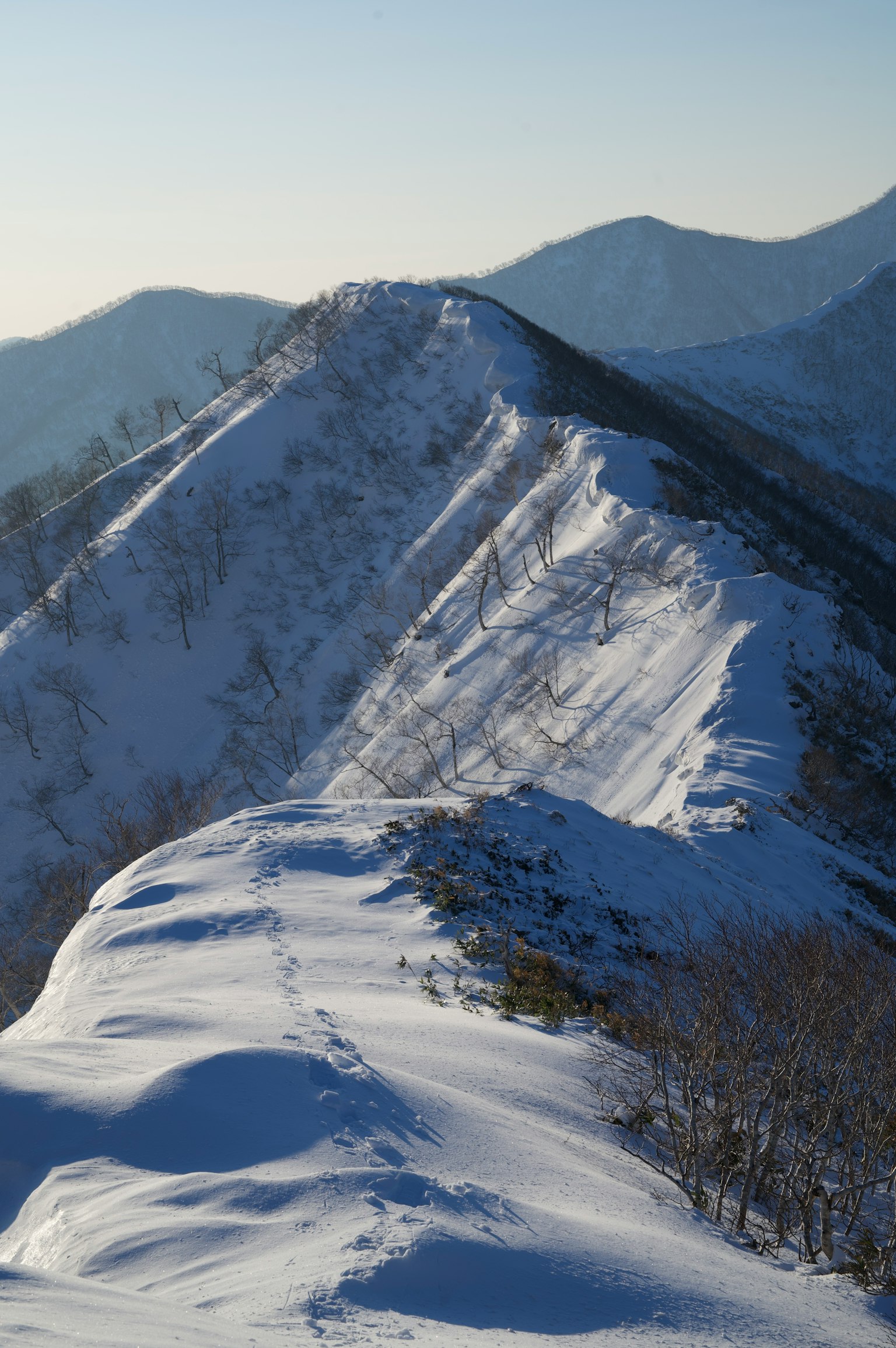Vista escénica de una cresta montañosa cubierta de nieve bajo un cielo azul claro