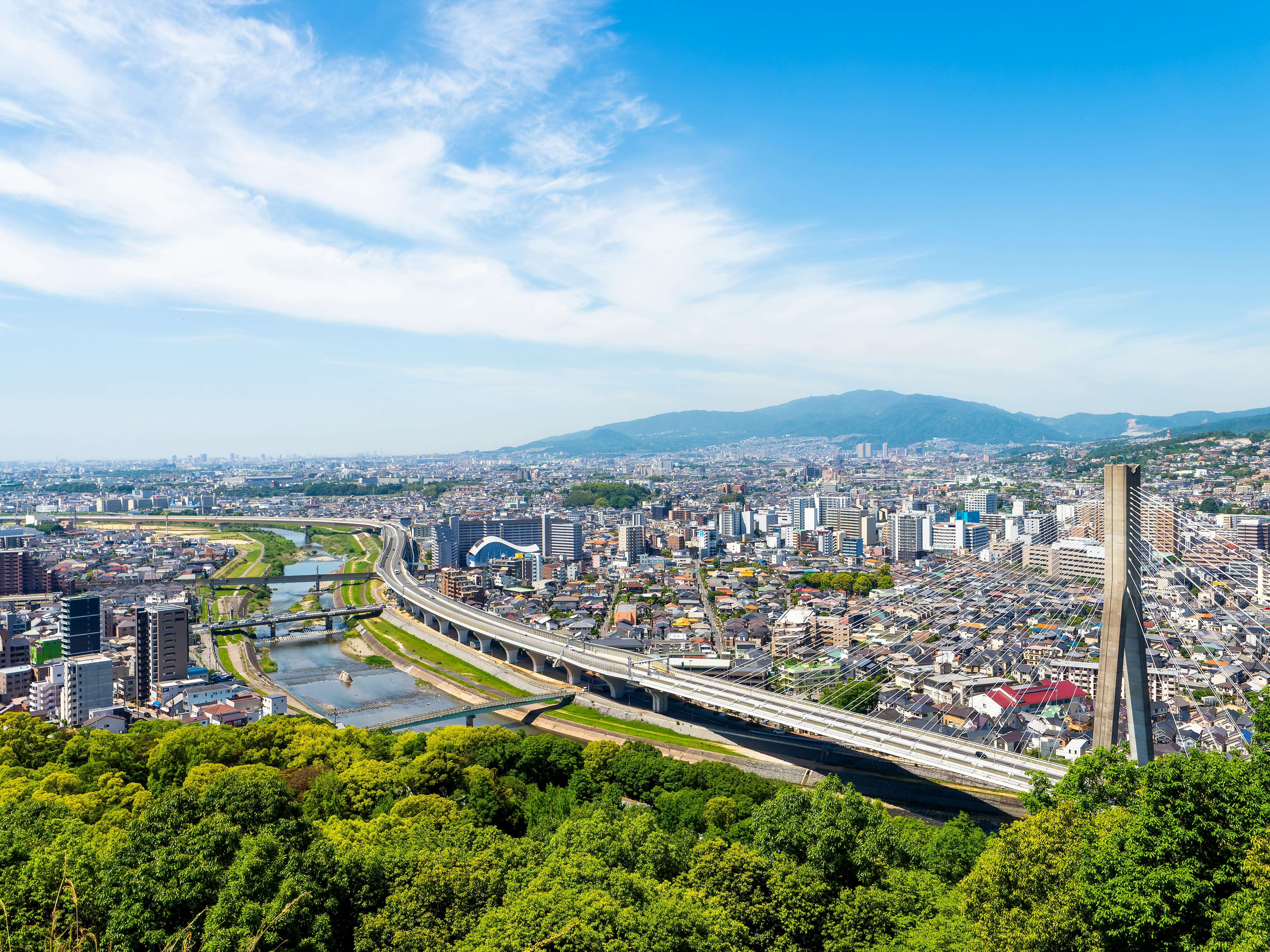 Vista elevada del río Inagawa y del paisaje urbano a lo largo del cauce