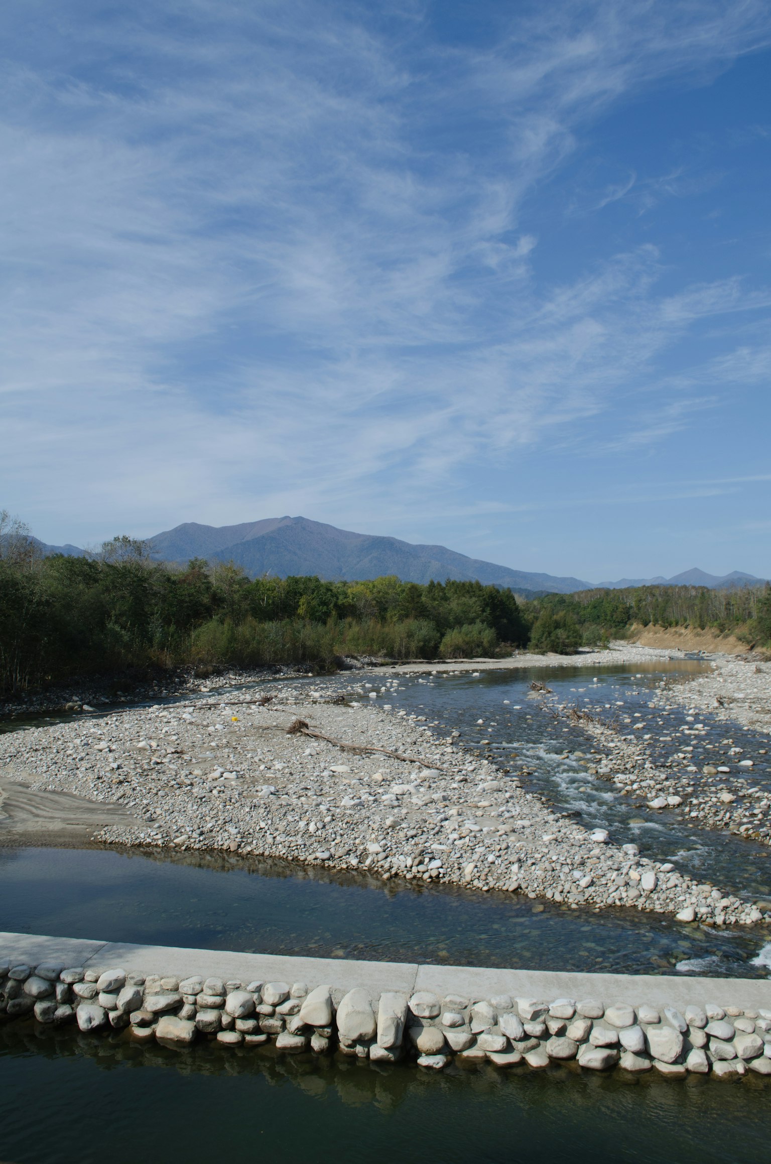Vista panoramica di un fiume con pietre sotto un cielo azzurro