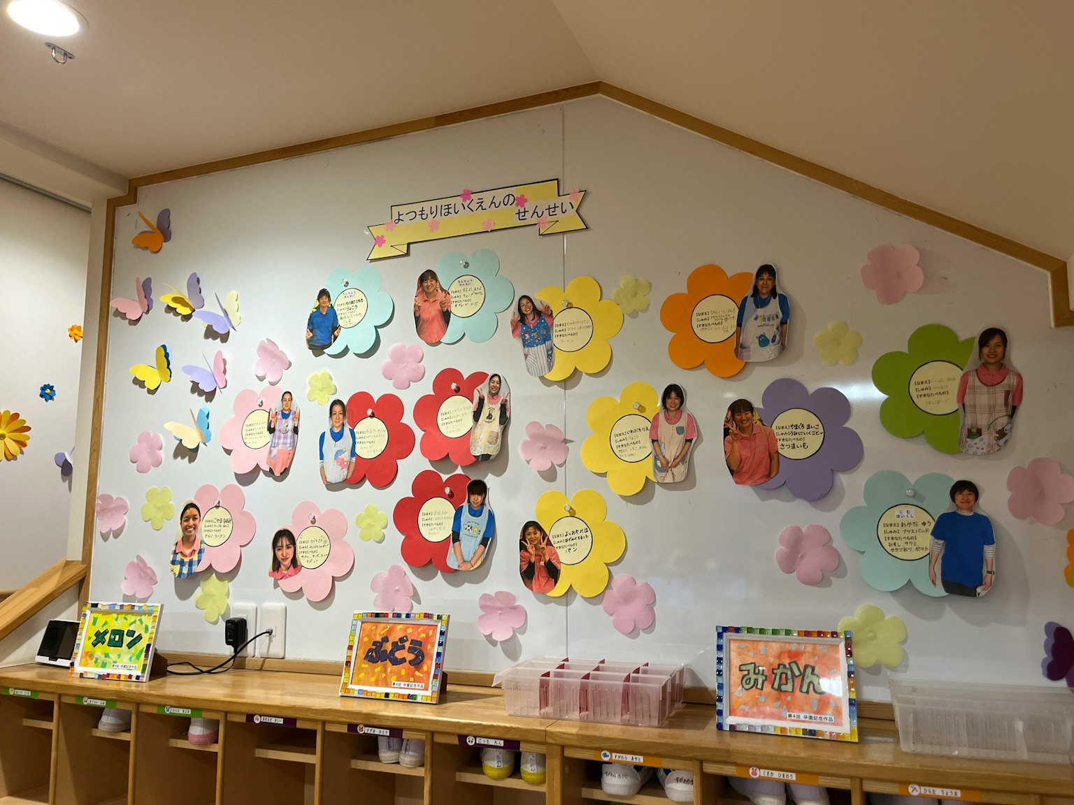 Parete di aula decorata con fiori colorati e foto di bambini