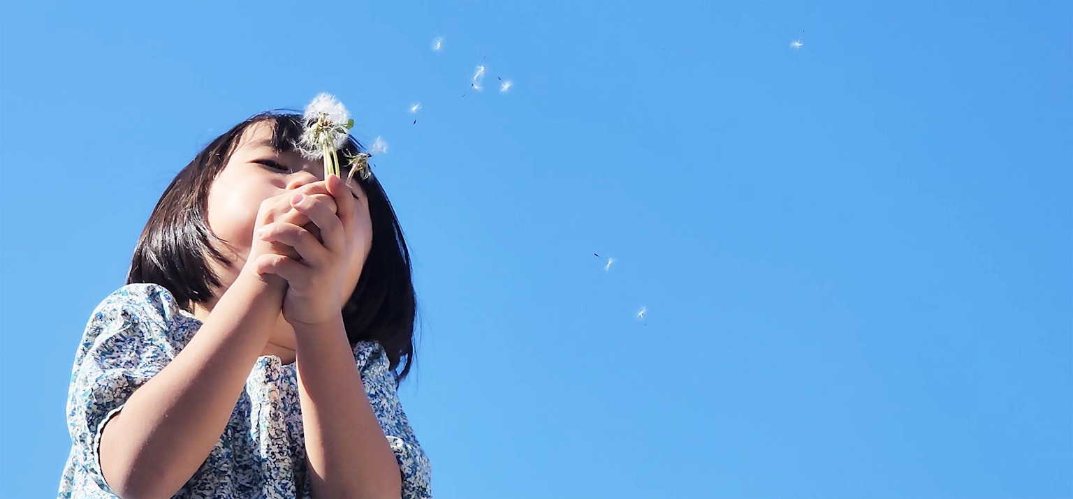 A girl blowing a dandelion under a blue sky