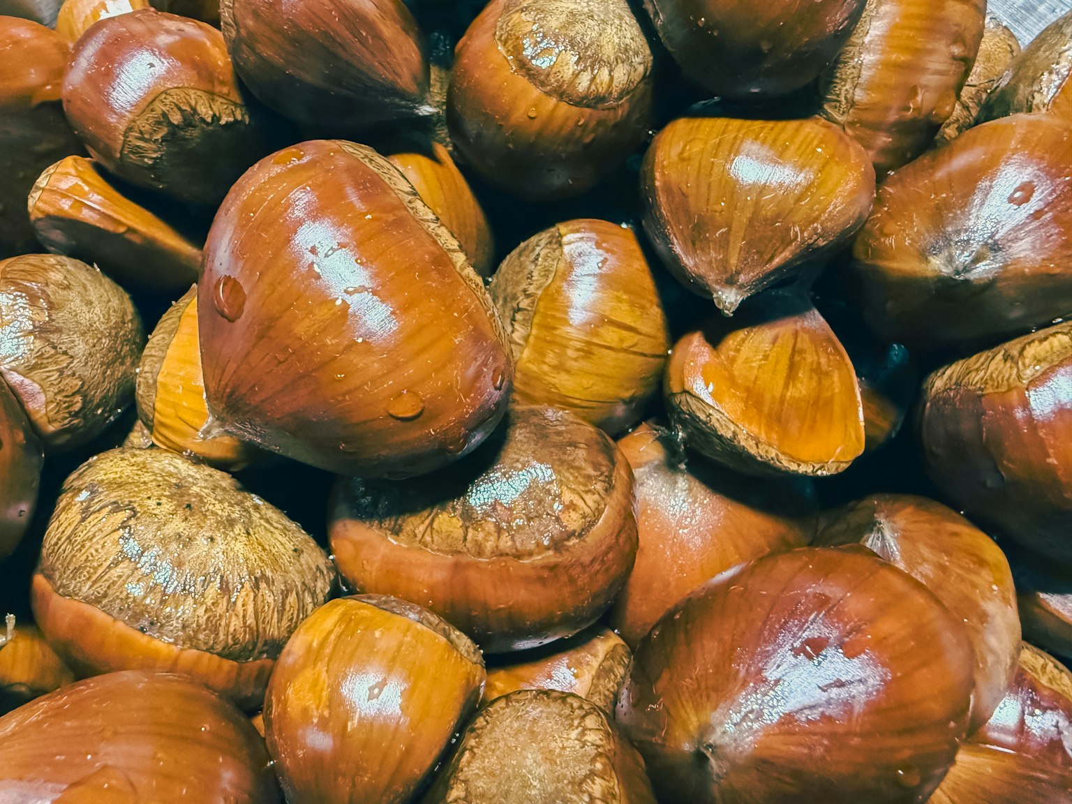 A pile of shiny brown chestnuts stacked together