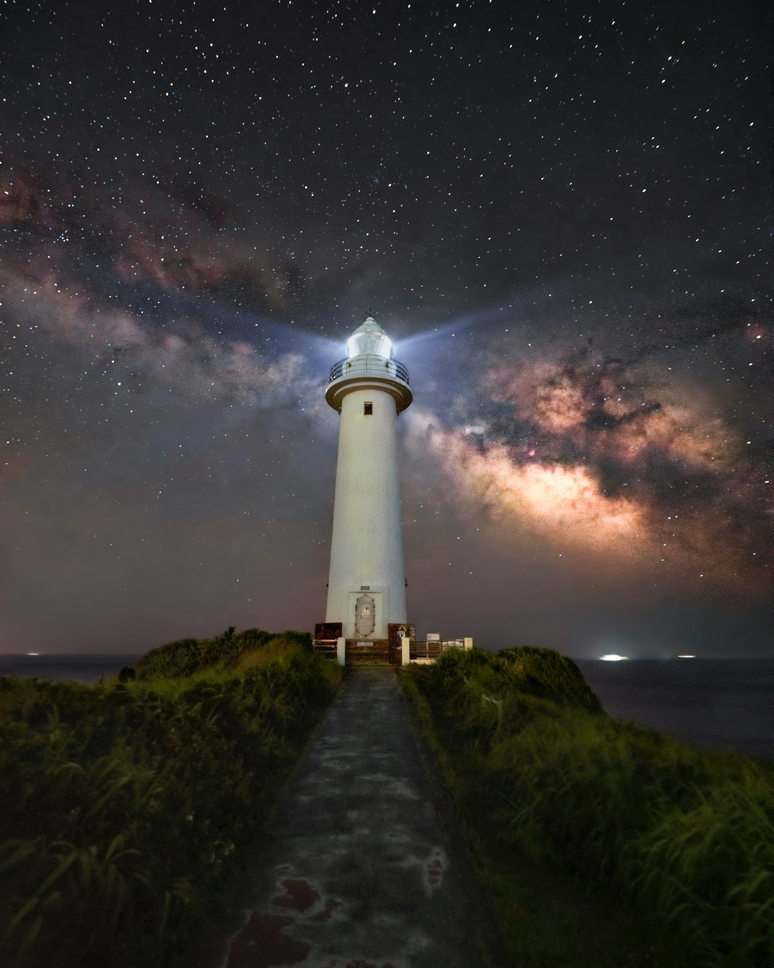 Phare illuminé sous un ciel étoilé avec la Voie lactée visible