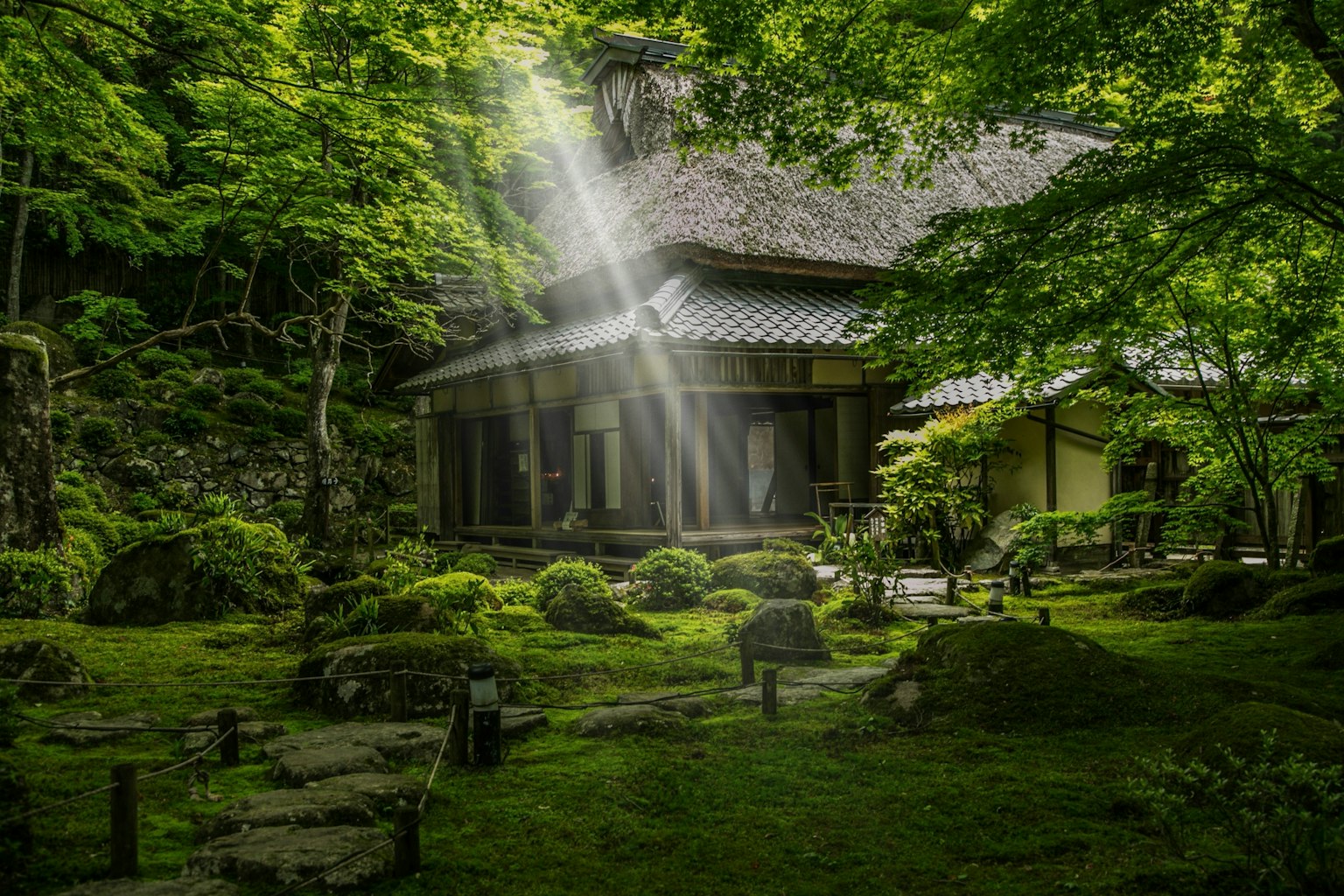 Maison japonaise traditionnelle entourée de verdure luxuriante dans un jardin paisible