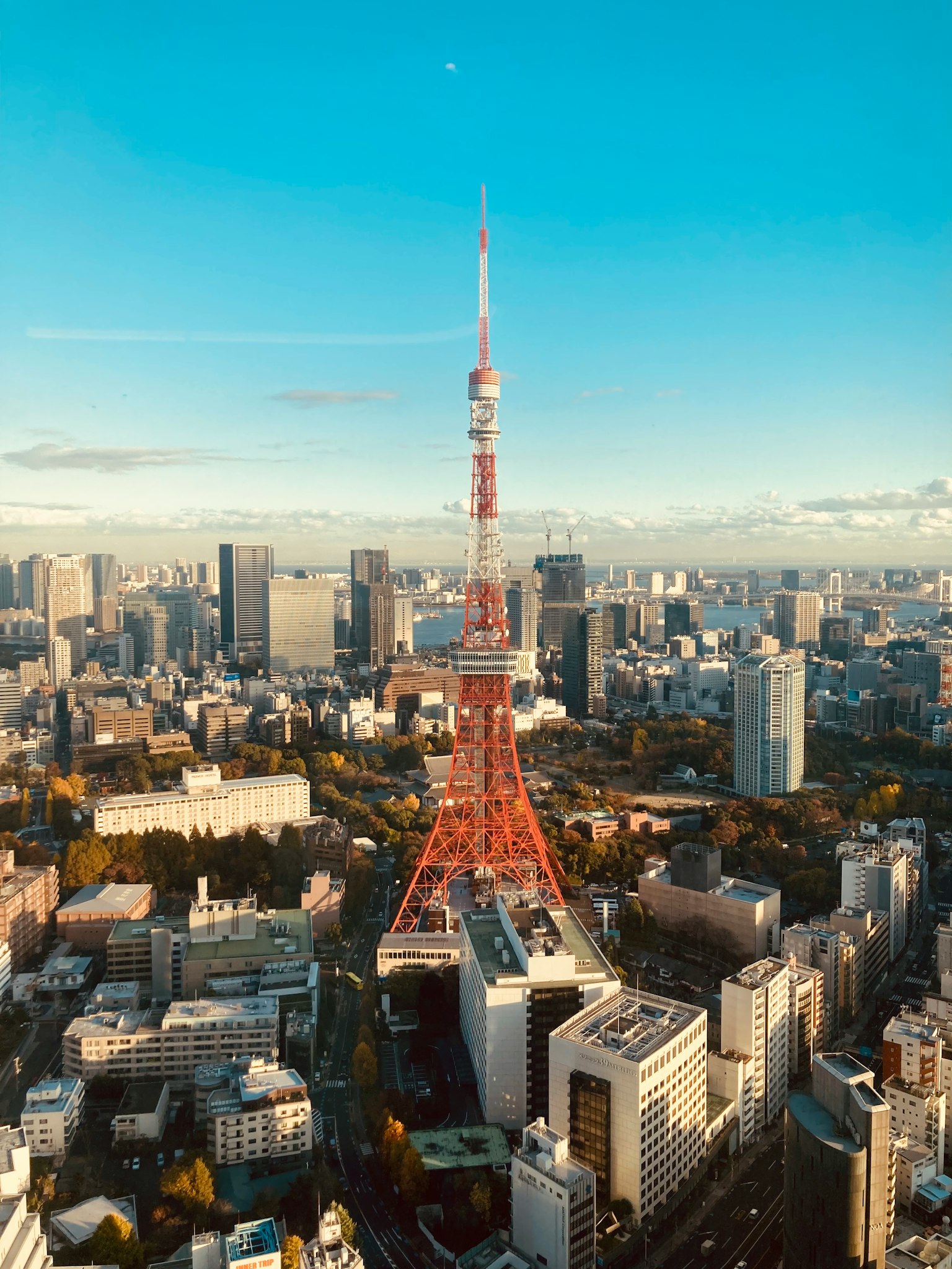 東京塔與城市景觀的航空視圖在晴朗的天空下