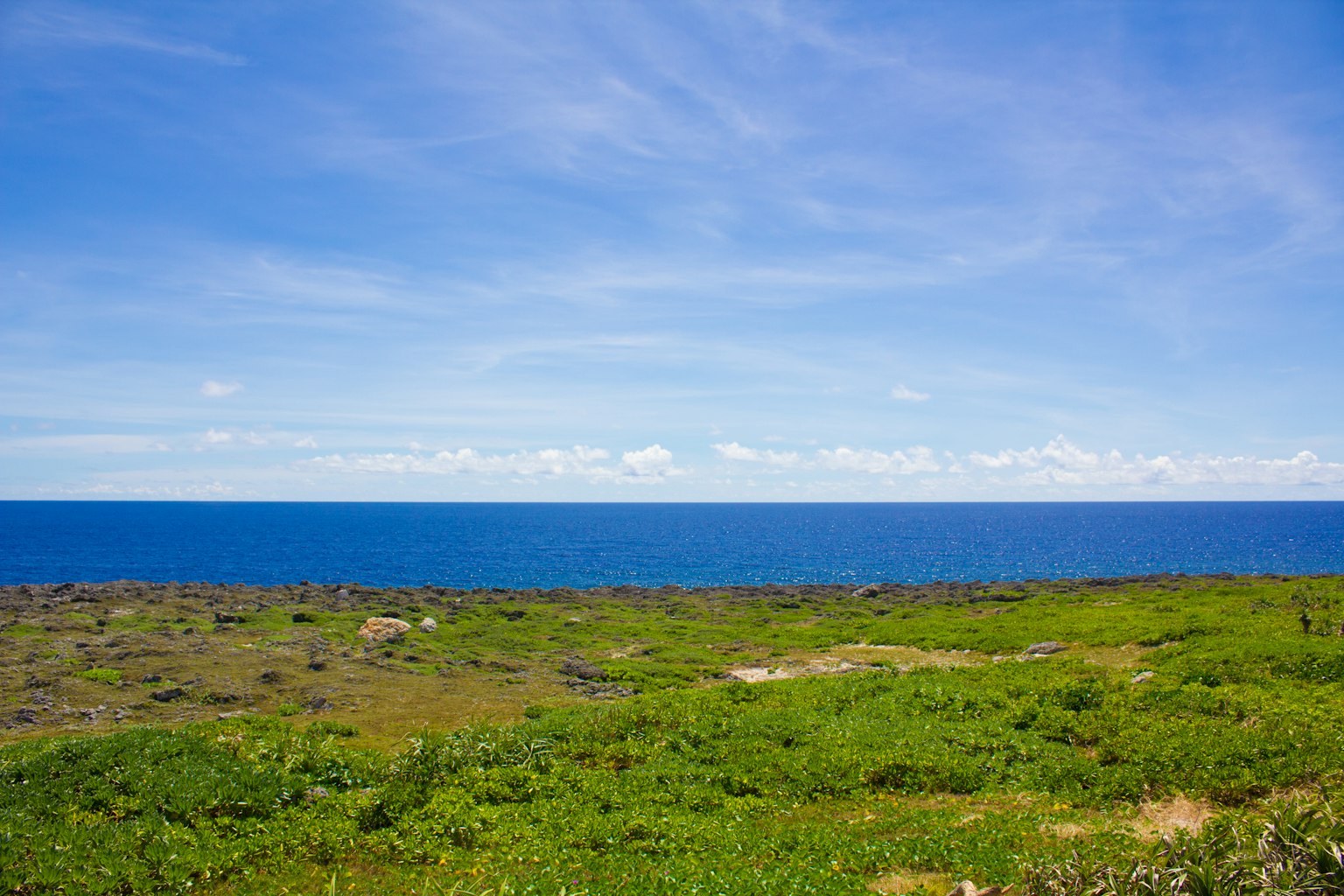 Landschaft mit blauem Ozean und grünem Grasland