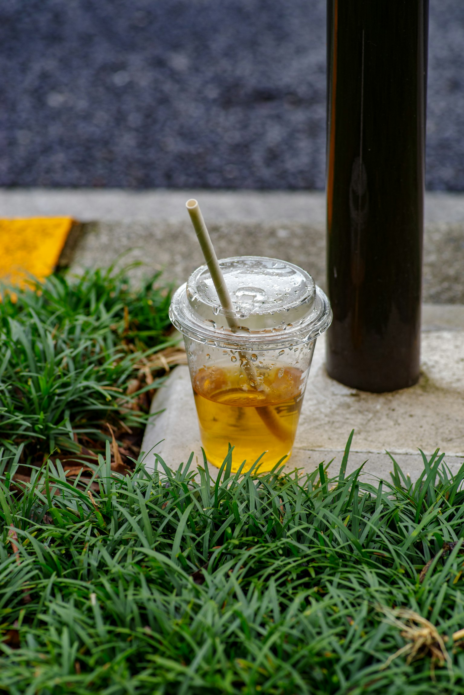 Ein klarer Becher mit Eistee auf Gras neben einem Pfosten