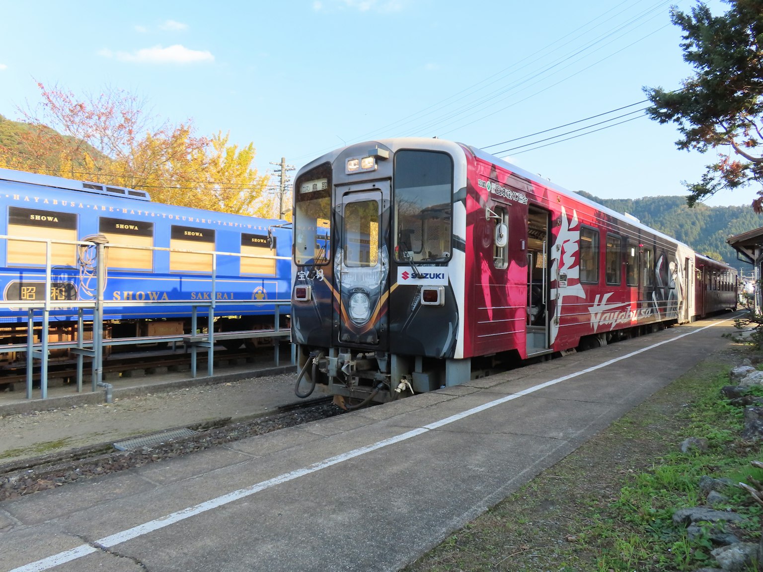 Train rose garé à une station avec un train bleu à proximité