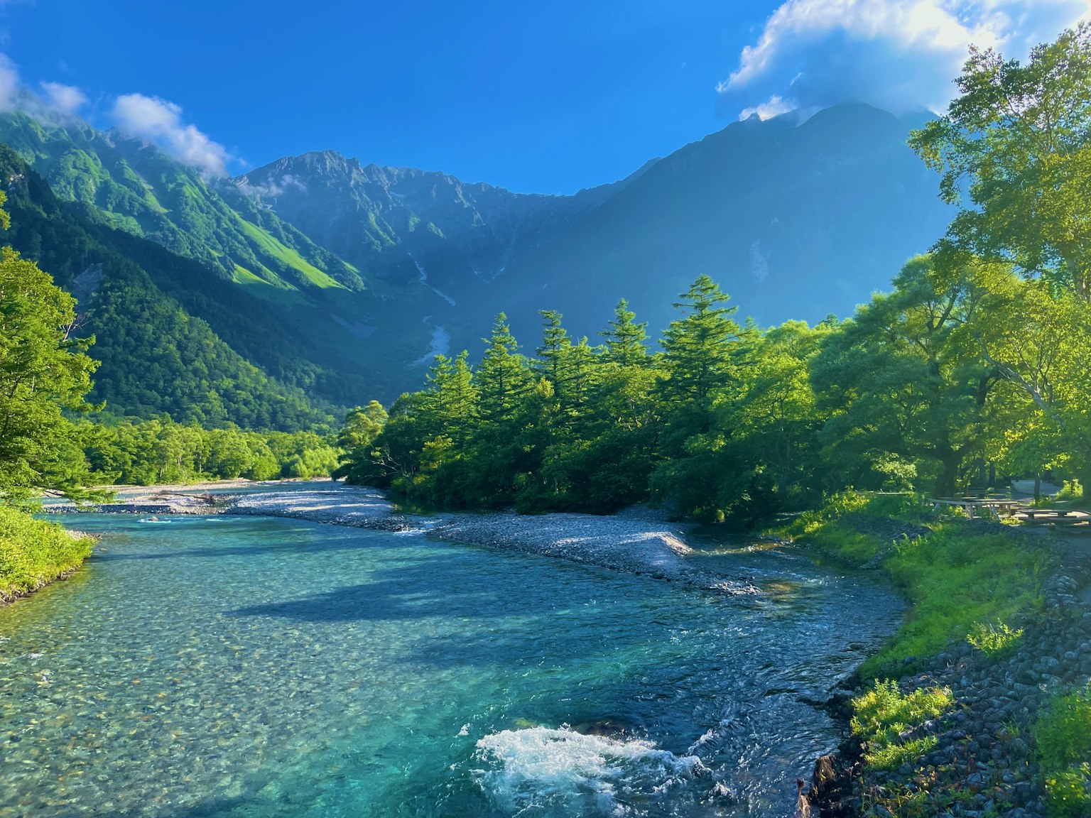 清澈的河流被山脈環繞的風景郁郁蔥蔥的樹木和明亮的藍天
