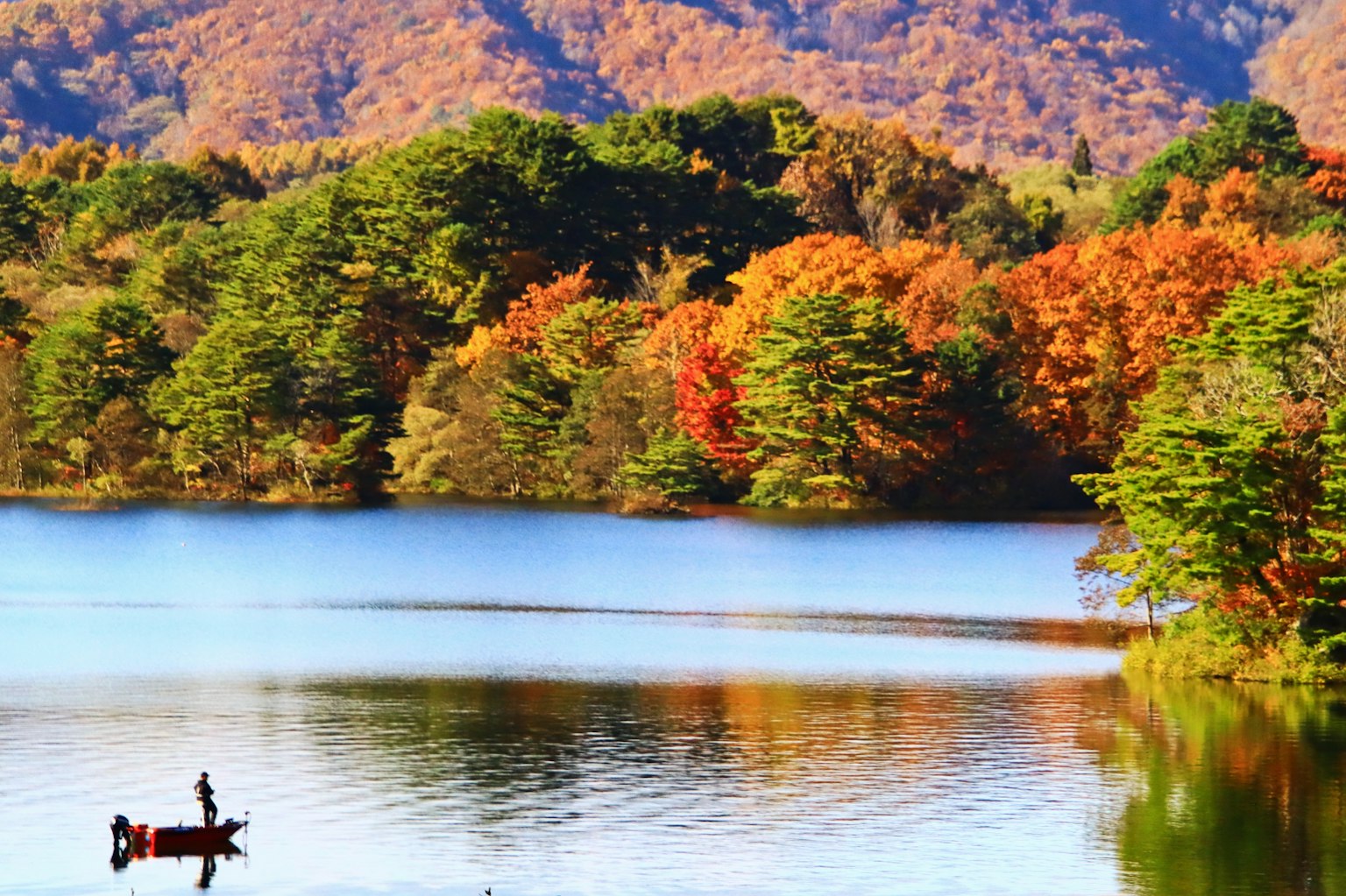 Vista panoramica di un lago con fogliame autunnale vibrante e una piccola barca