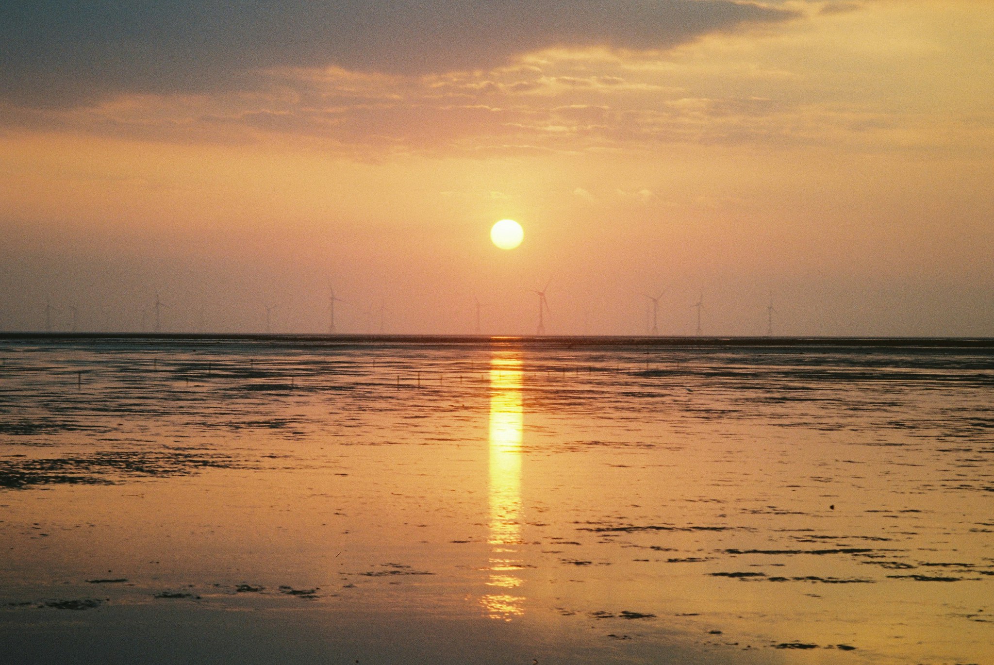 水平線に沈む夕日と波の反射が広がる海辺の風景