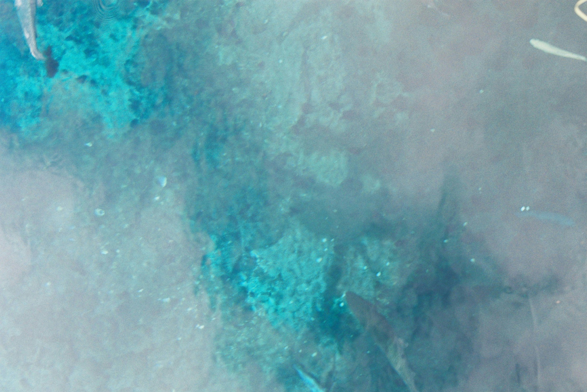 水面附近的水下场景，蓝色水雾与闪烁光粒弥漫