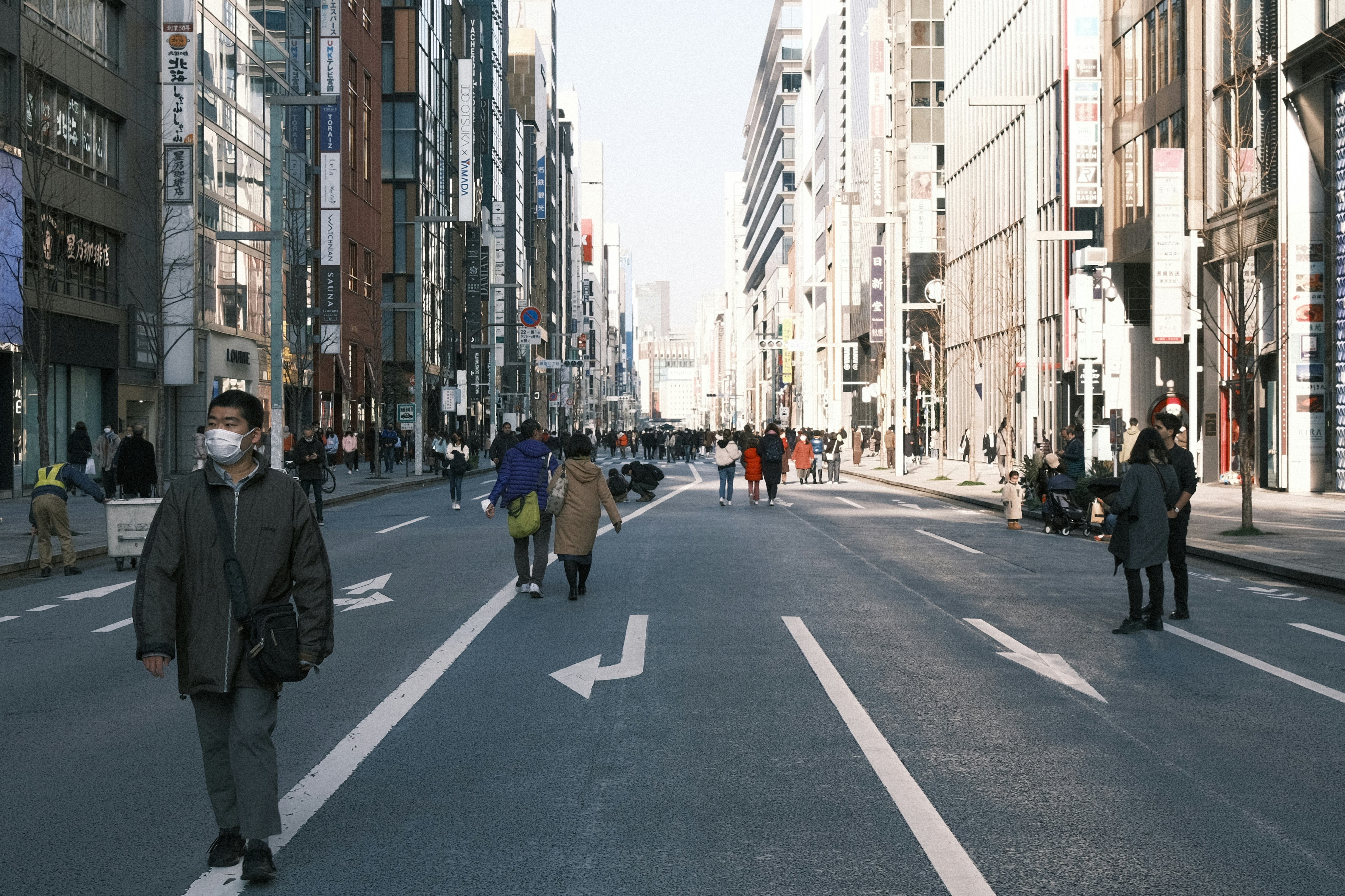 街路樹のある都市の大通りを歩く人々