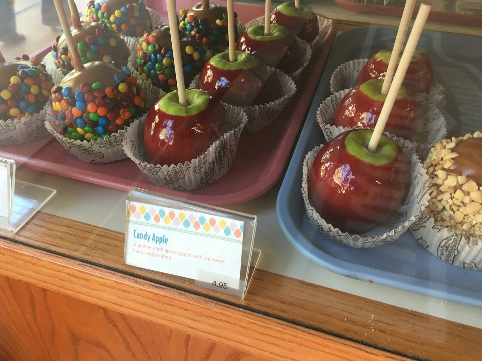 Colorful caramel apples displayed in a showcase
