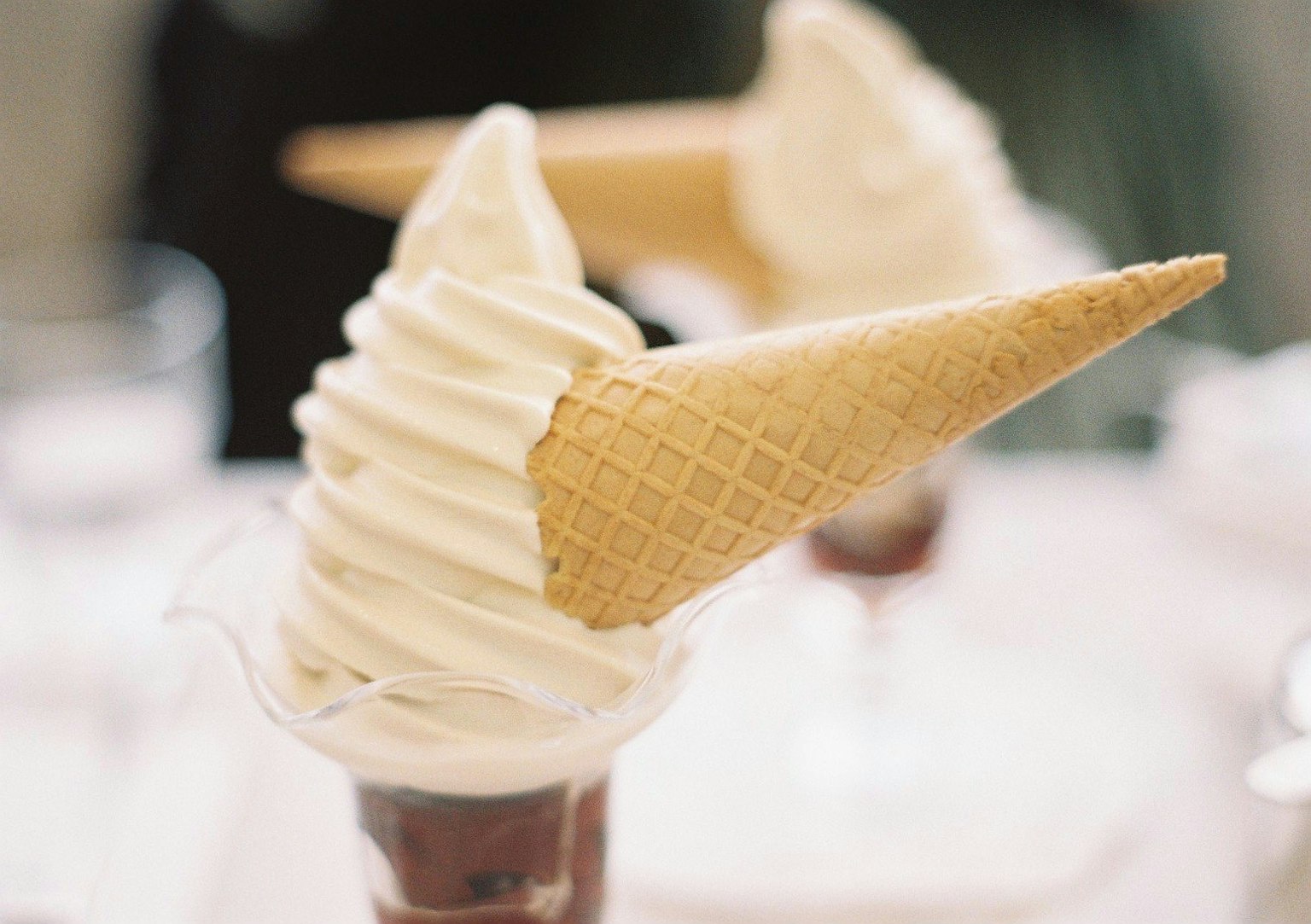Dessert featuring soft serve ice cream and cones