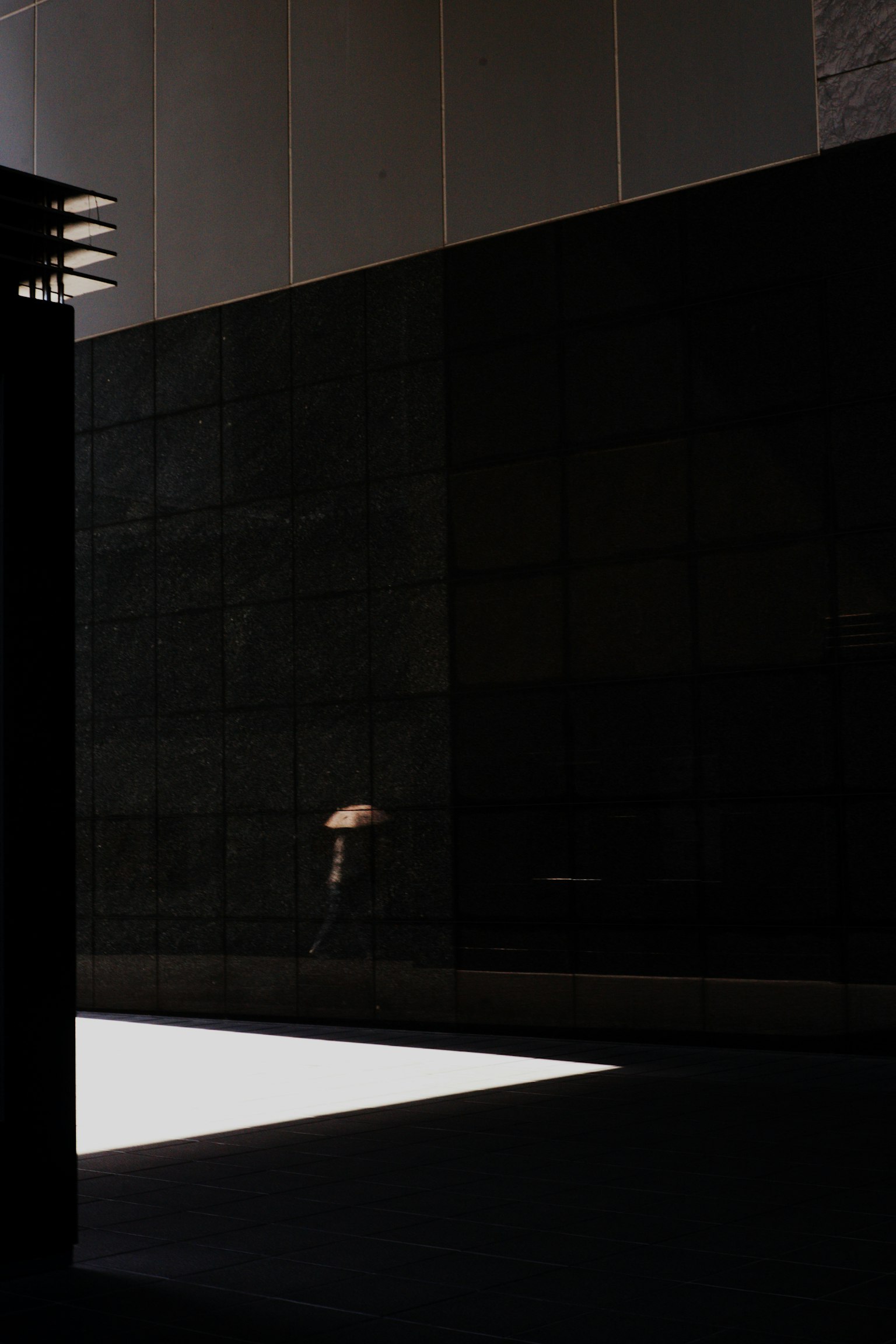 黒い壁と白い光のコントラストが印象的な現代的な建物の一部