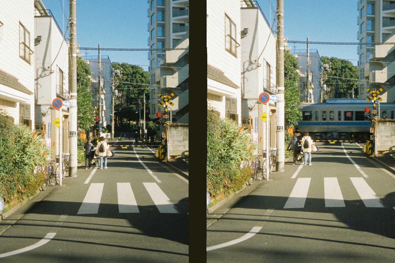 Scene of a person standing at a street corner with a passing train