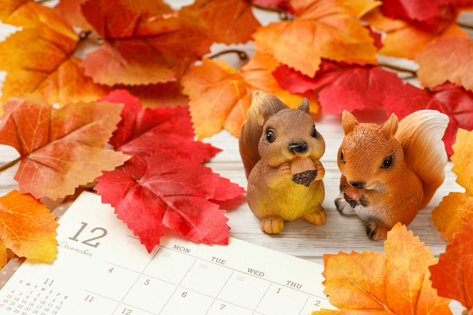 Dos figuras de ardilla rodeadas de hojas de otoño y parte de un calendario