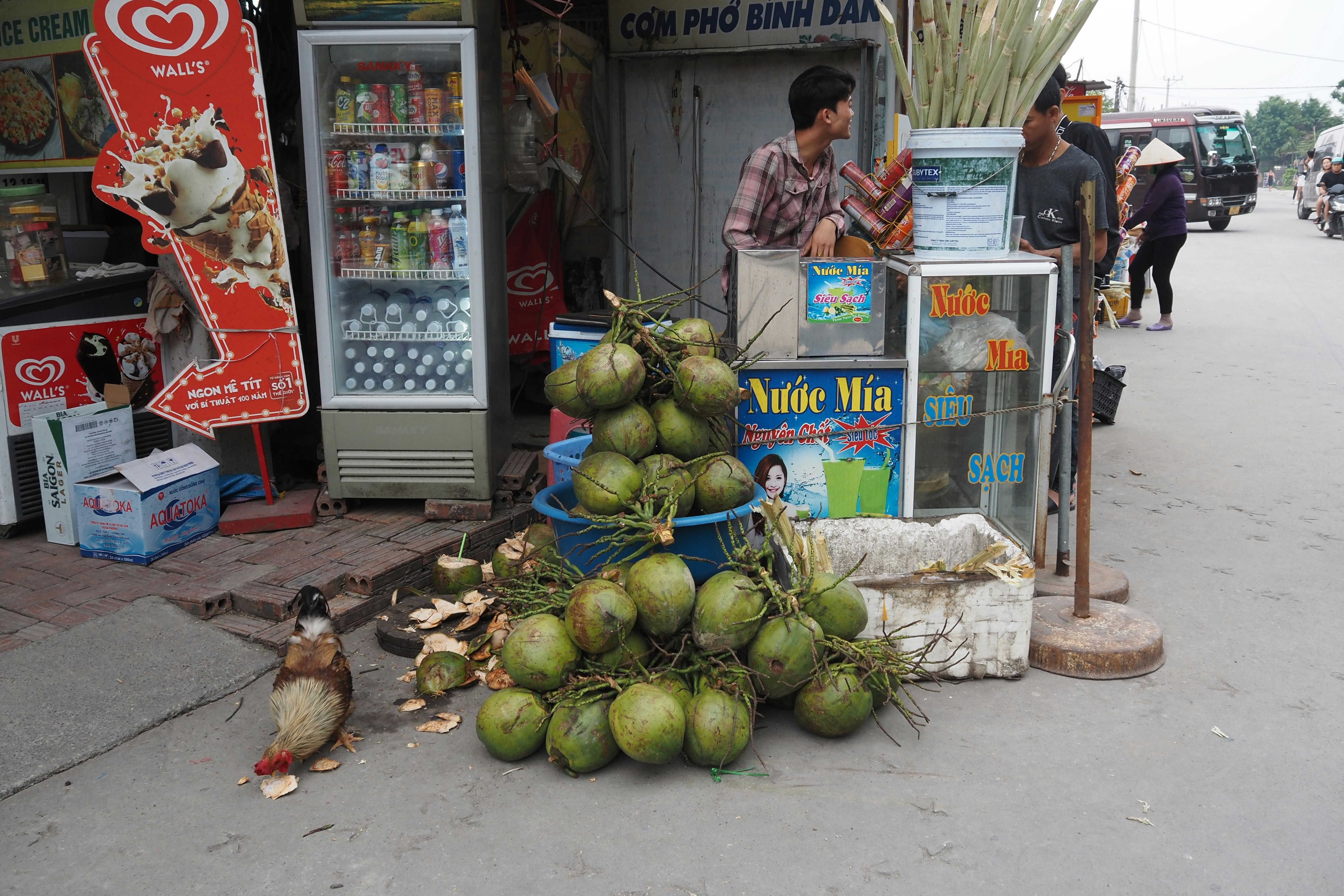 coconut and juice street stall display on a sidewalk