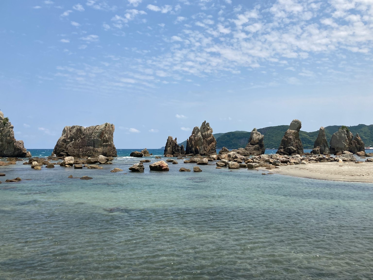 Scenic view of blue sea with unique rock formations