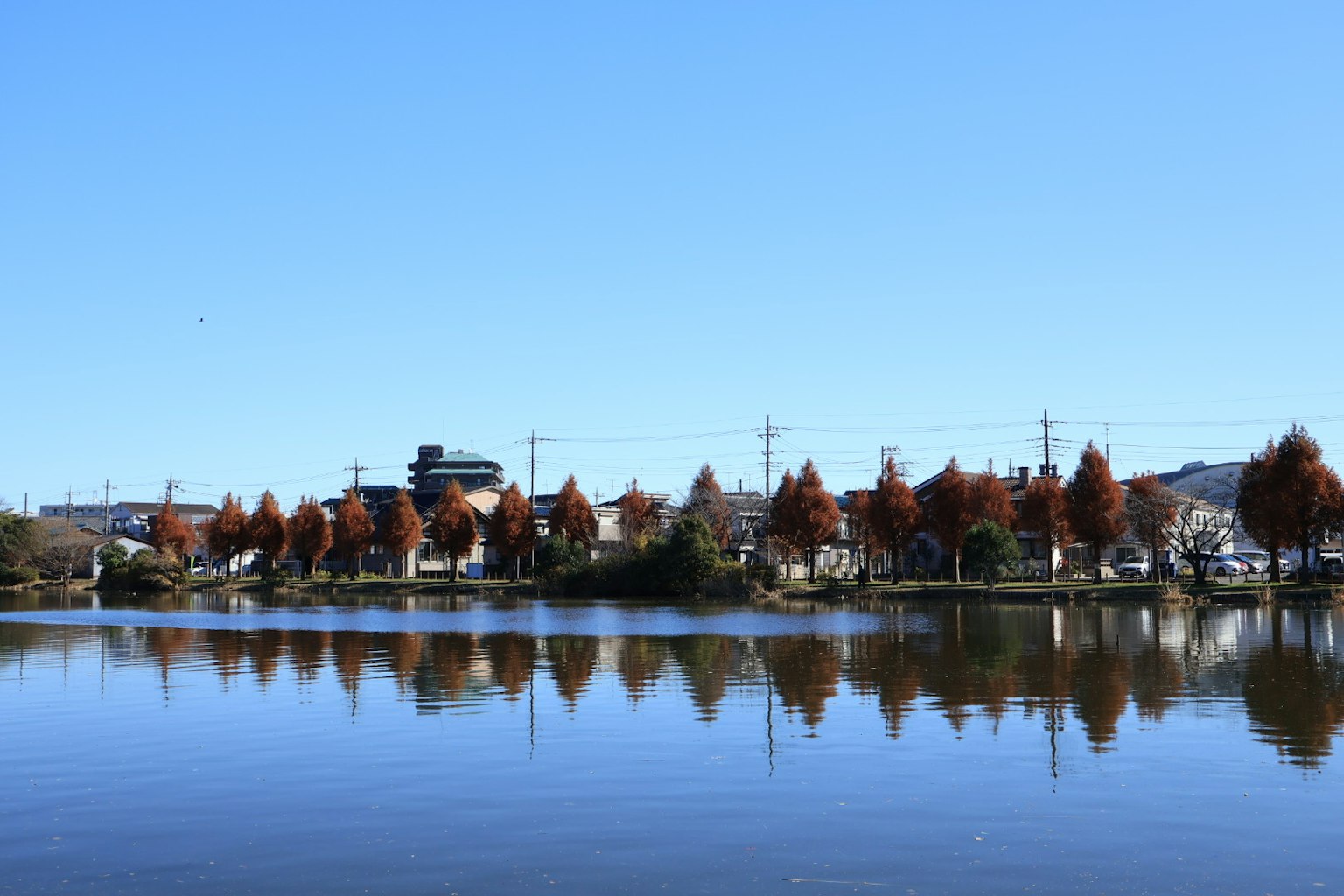 Szenerie mit herbstlichen Bäumen, die sich in einem ruhigen See unter klarem blauen Himmel spiegeln