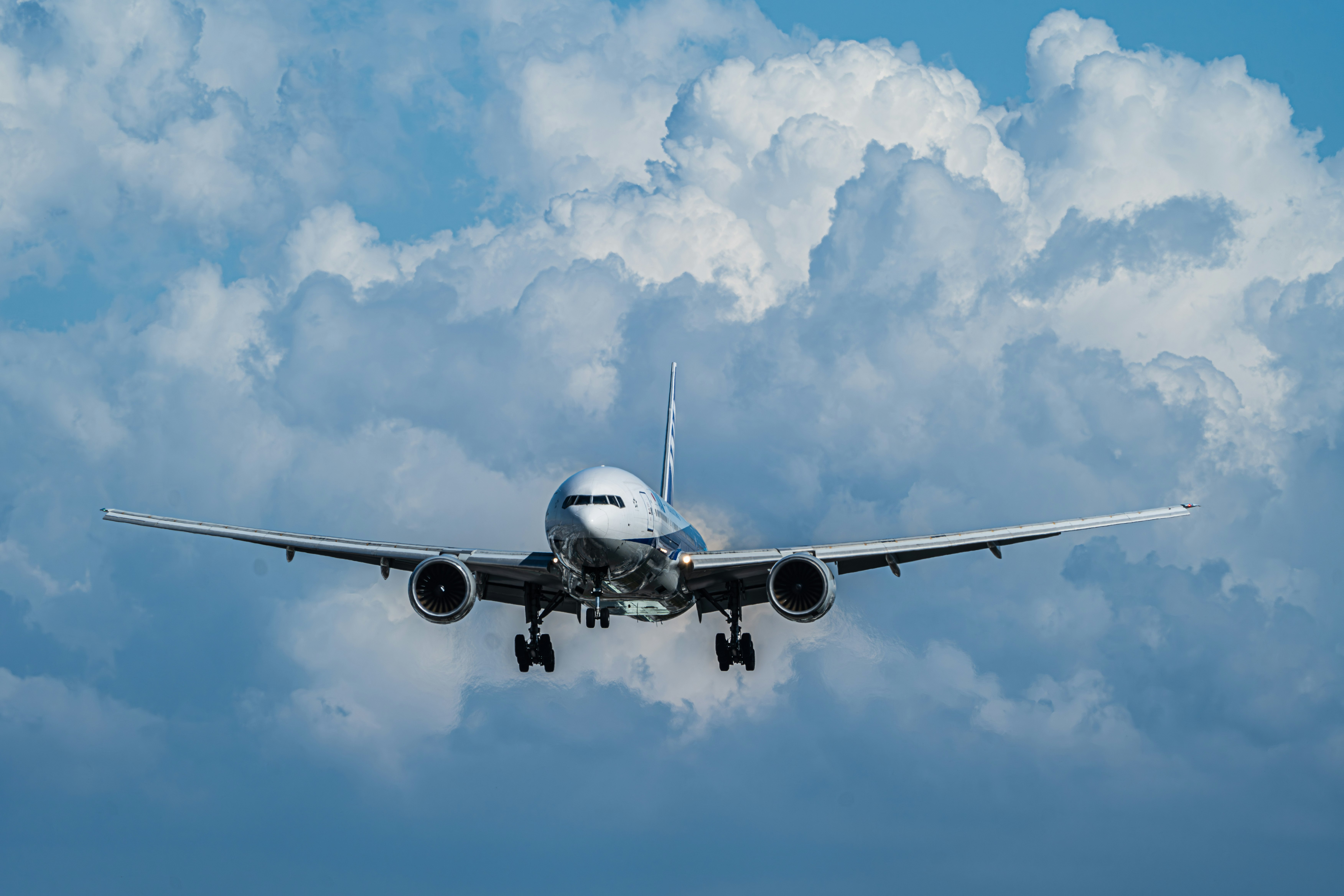 青空を背景に飛行機が正面から飛来する