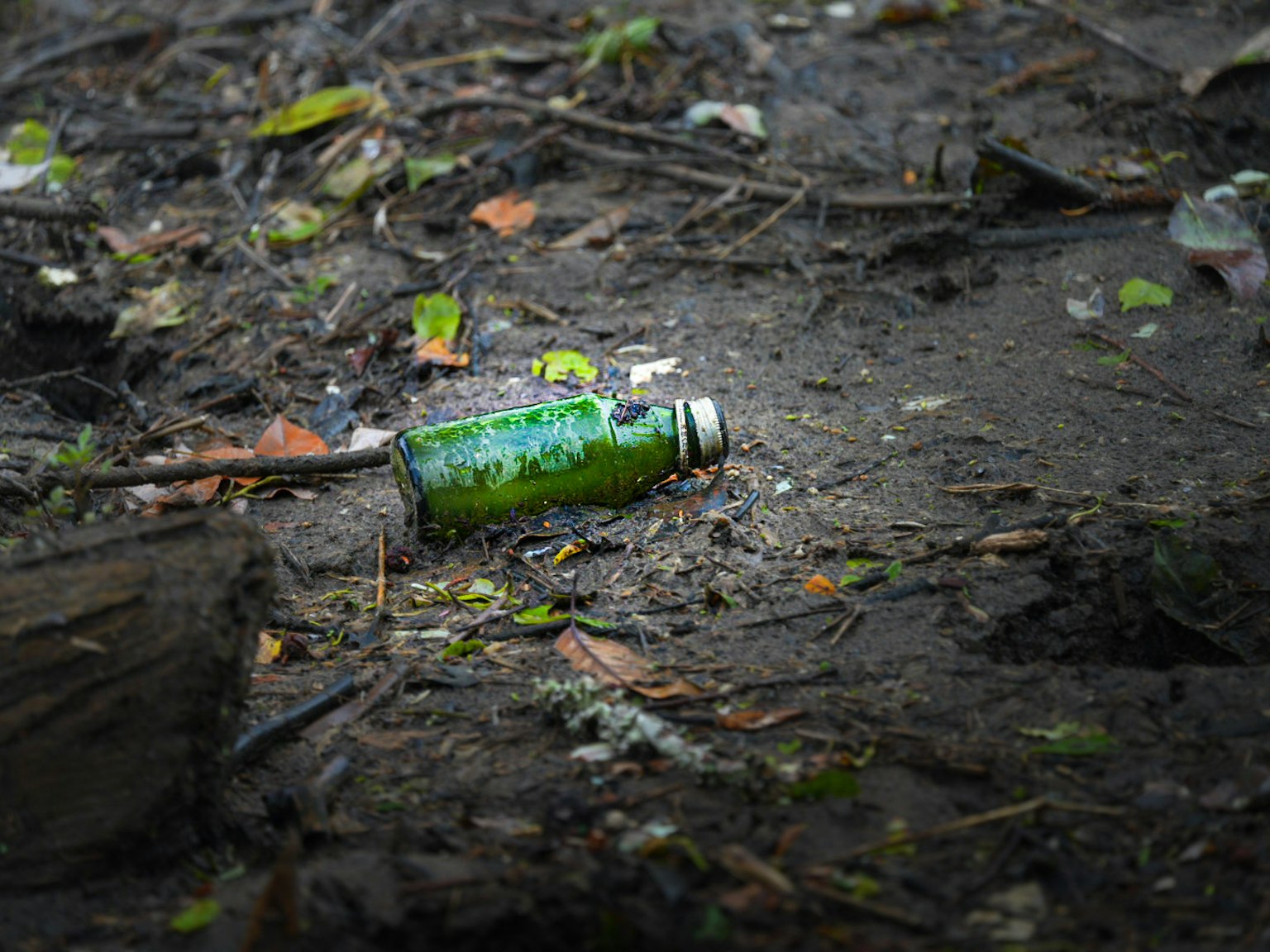 Una botella de vidrio verde tumbada en el suelo rodeada de tierra y hojas