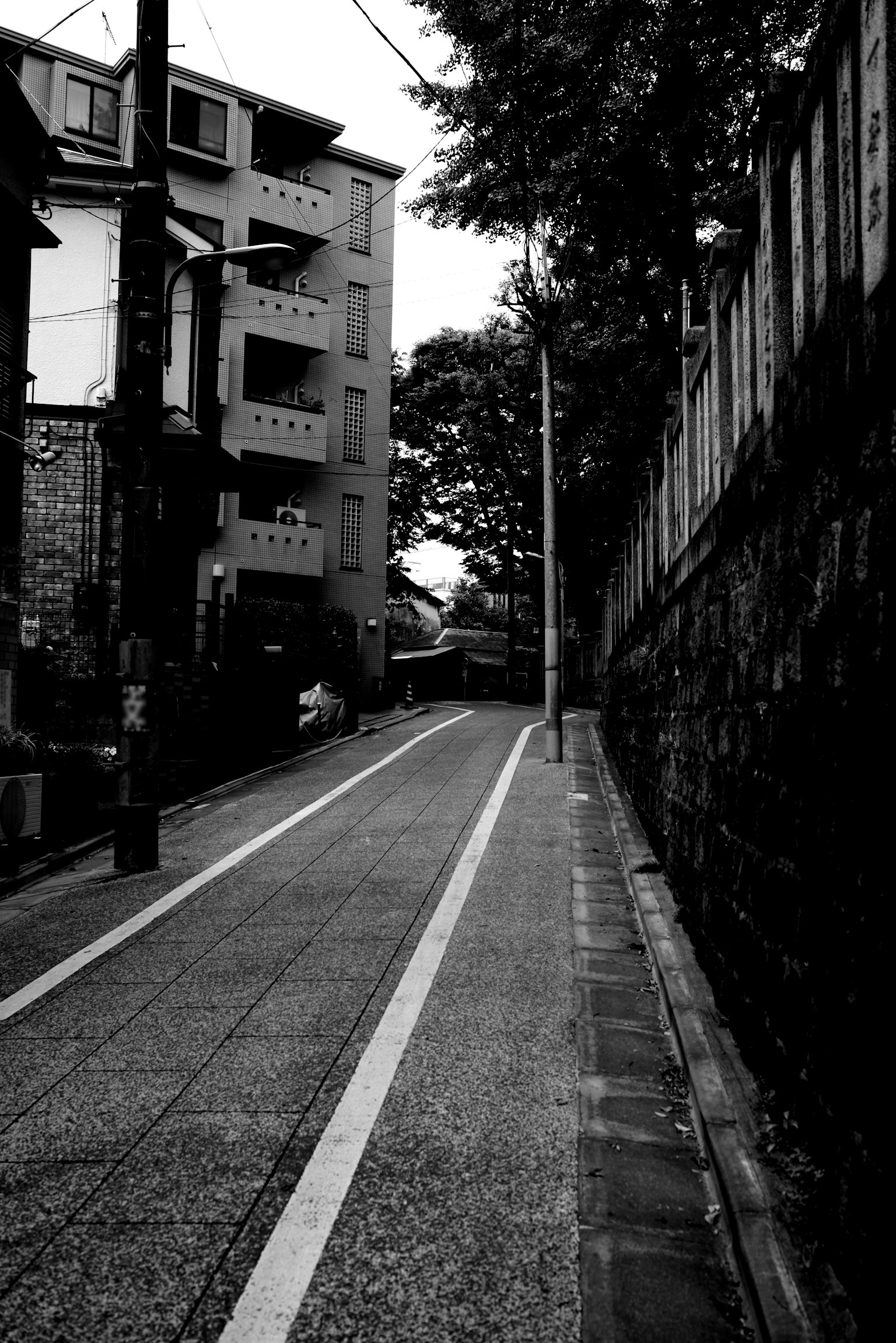 Quiet black and white street with surrounding buildings