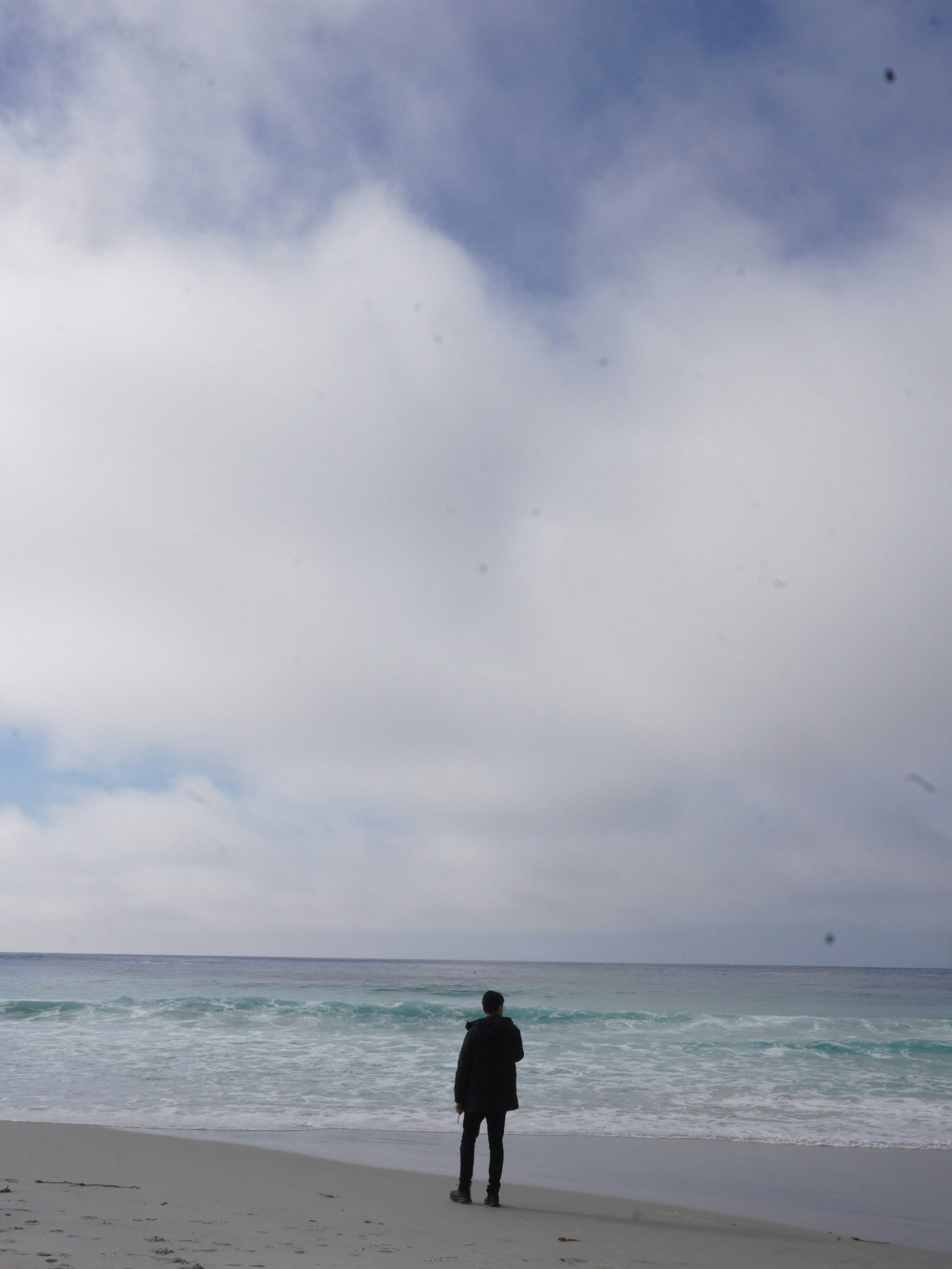 海岸で海を見つめる人物 青い空と雲の背景