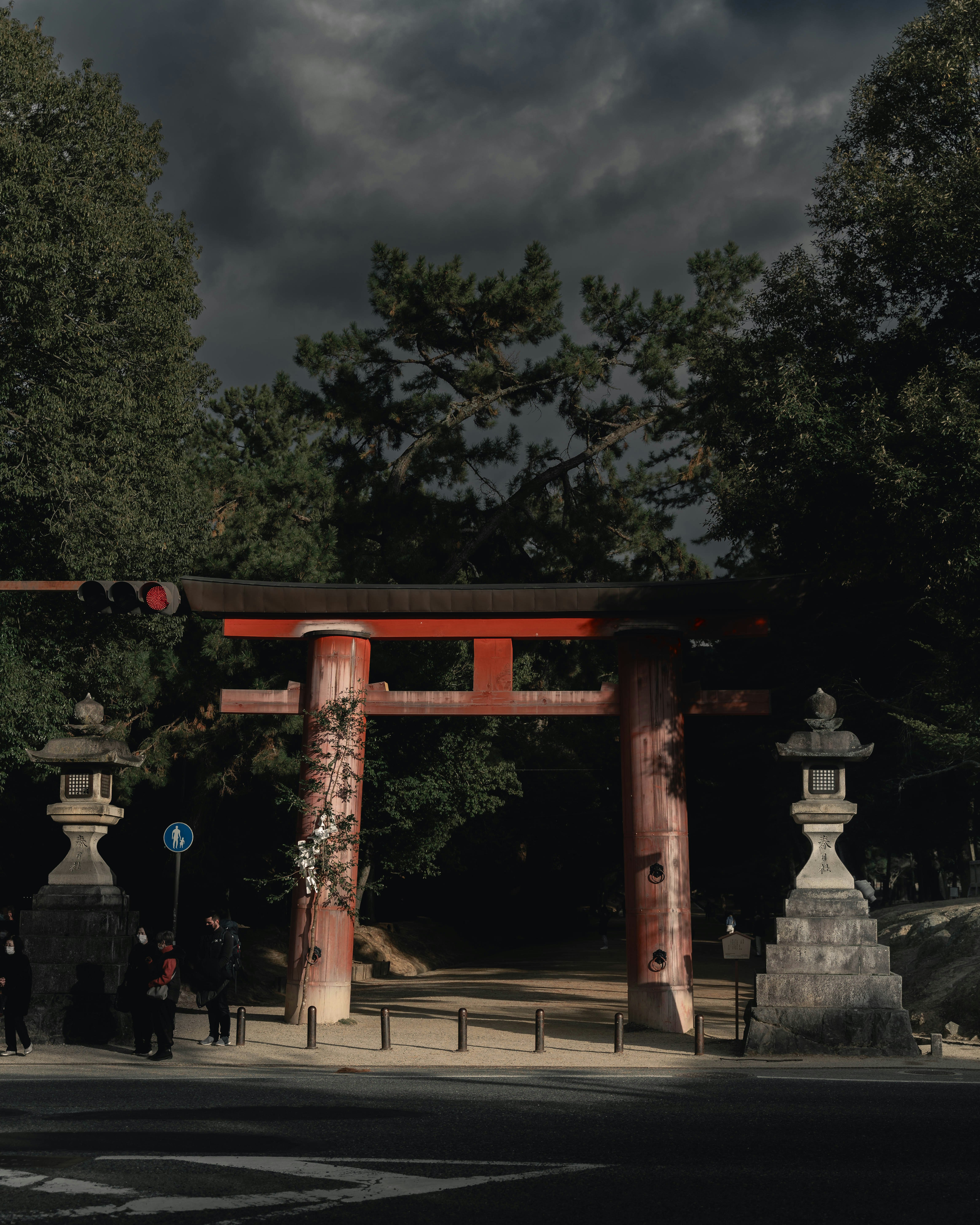 鳥居のある神社の参道と石灯籠、夕暮れの空
