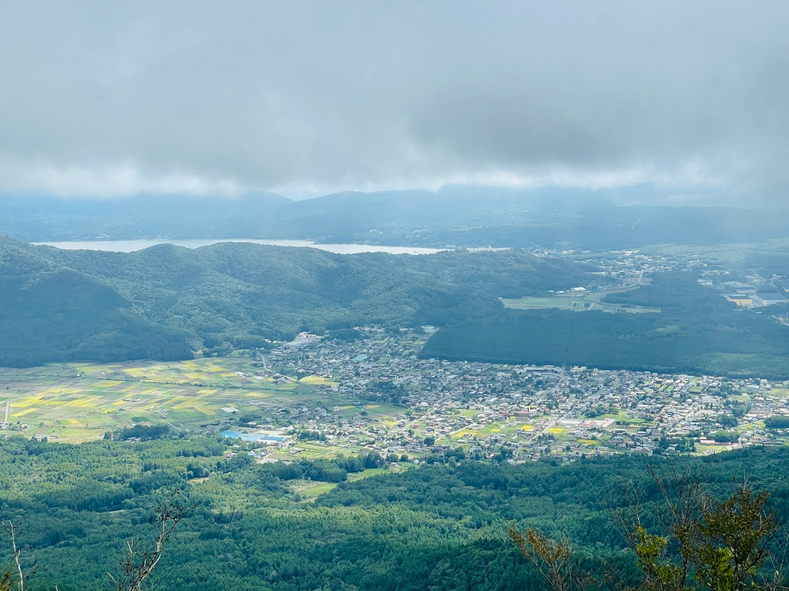 Vista panoramica dalla cima di una montagna che mostra una città circondata da foreste verdi