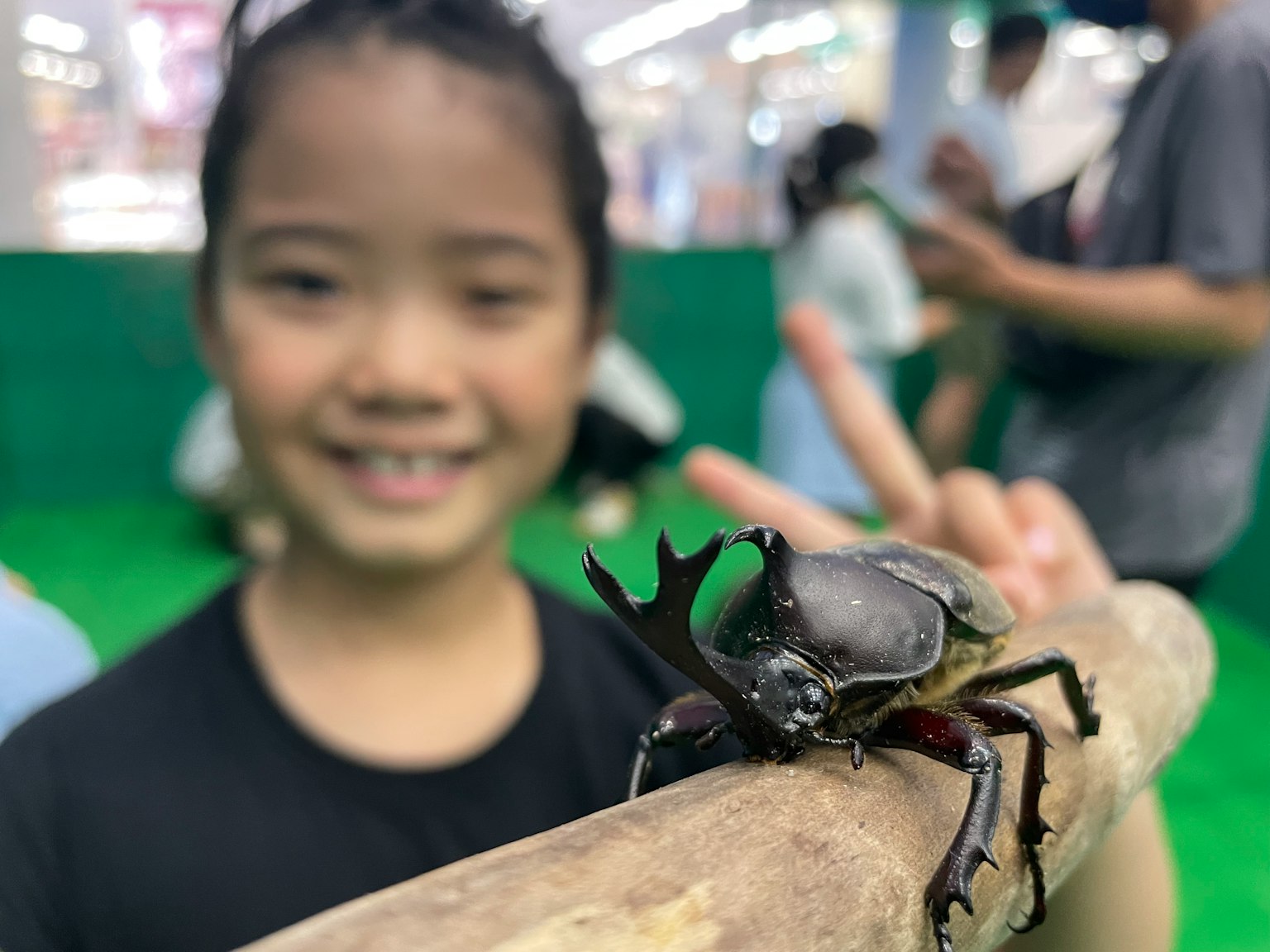 Một đứa trẻ cầm một con bọ rừng với mọi người ở phía sau