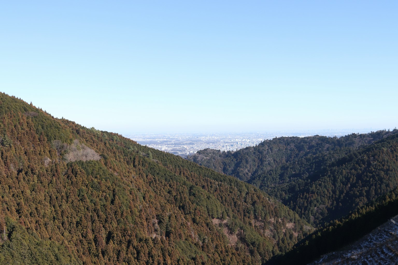 Scenic view of green and brown mountains under a clear blue sky
