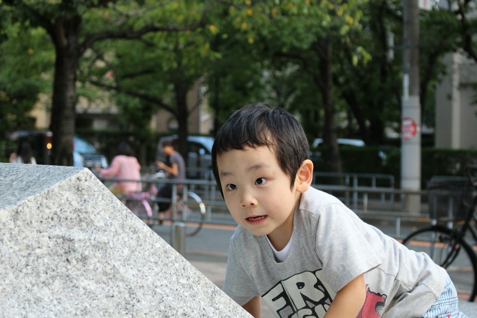 Seorang anak laki-laki mendaki batu di taman