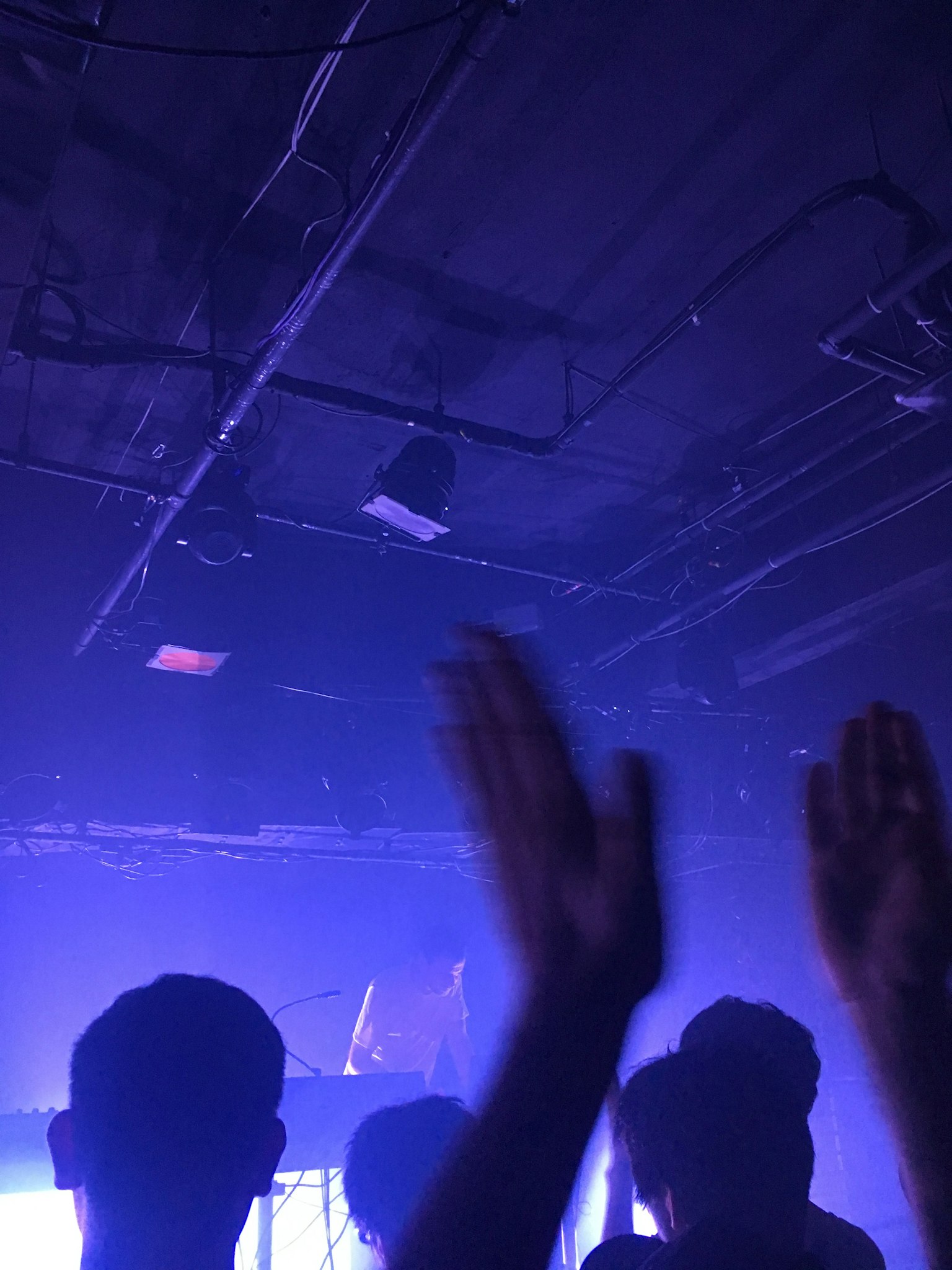 Silhouettes de membres du public levant les mains lors d'un événement musical sombre avec un éclairage violet