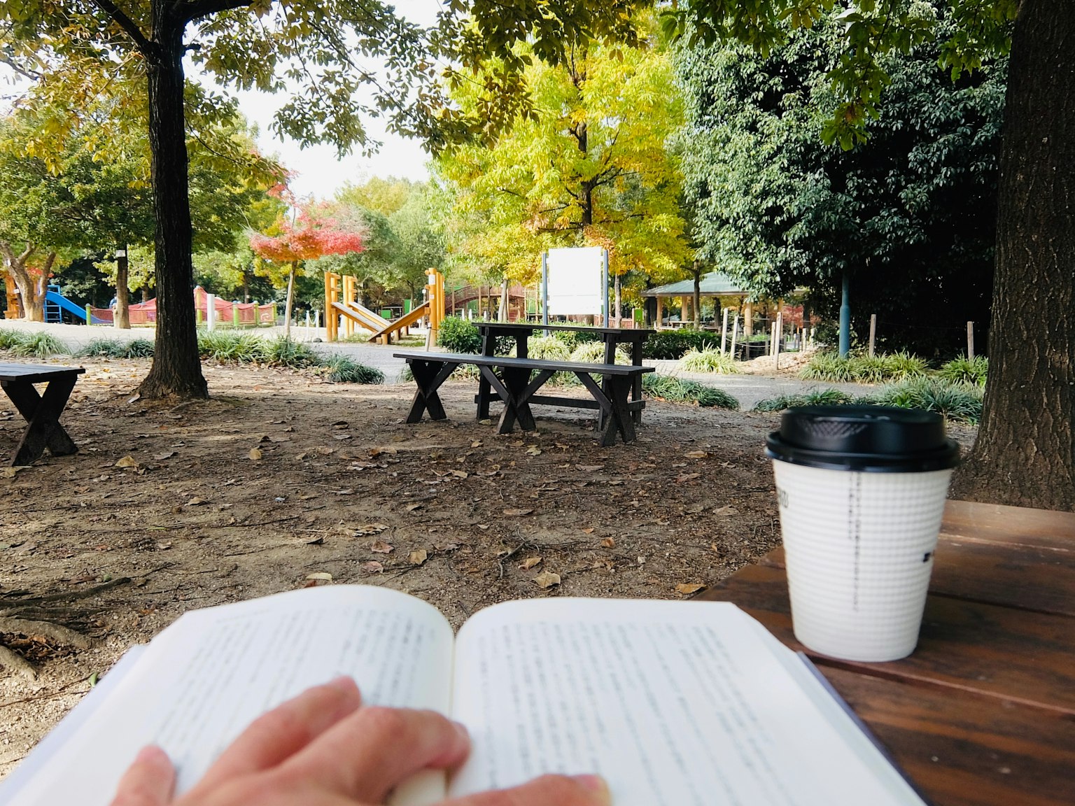 Sebuah tangan memegang buku terbuka dengan cangkir kopi di atas meja di taman dengan pohon-pohon berwarna dan area bermain