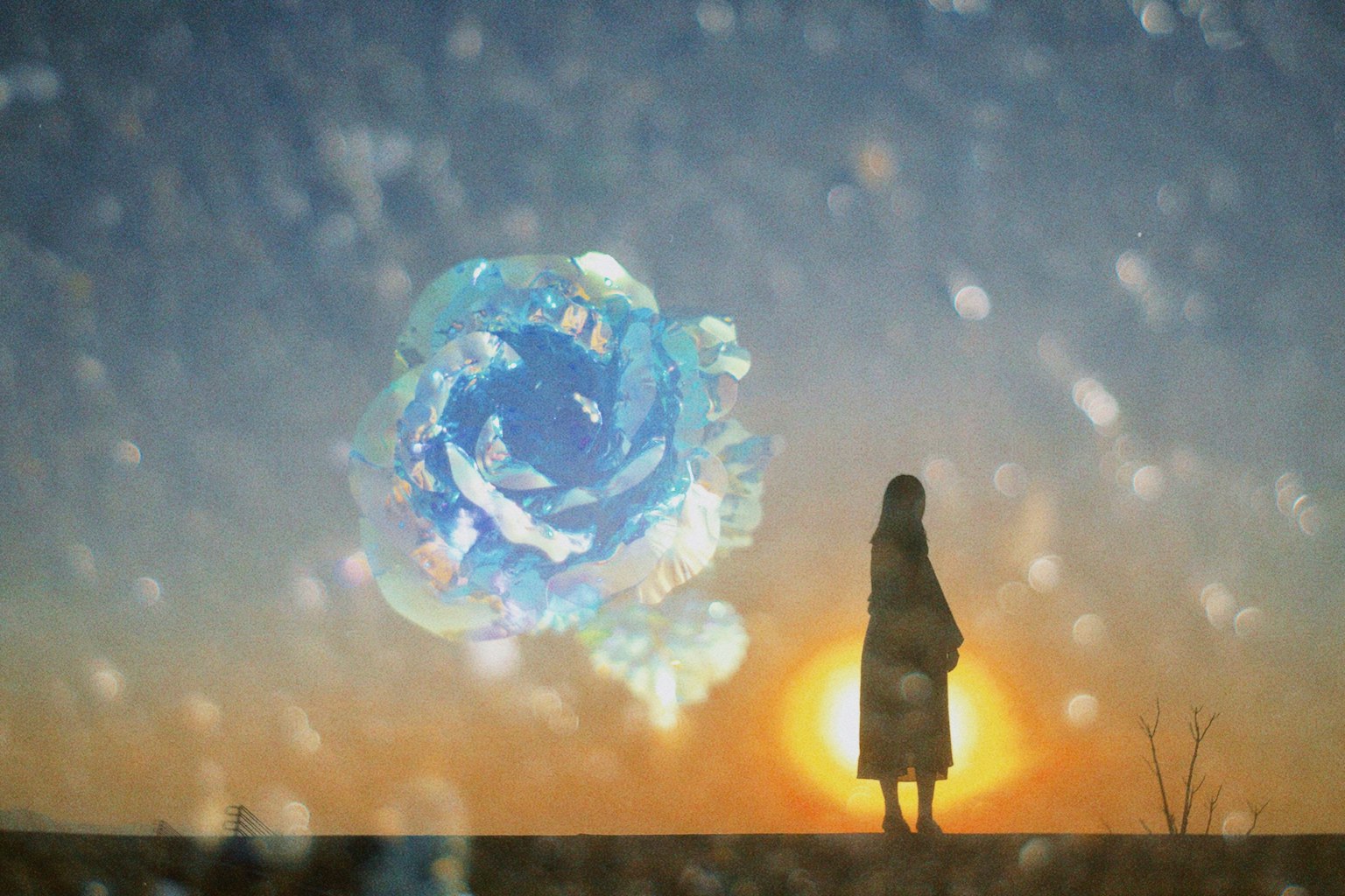 Silhouette di una donna in piedi contro il tramonto con un collage di fiori blu da sogno