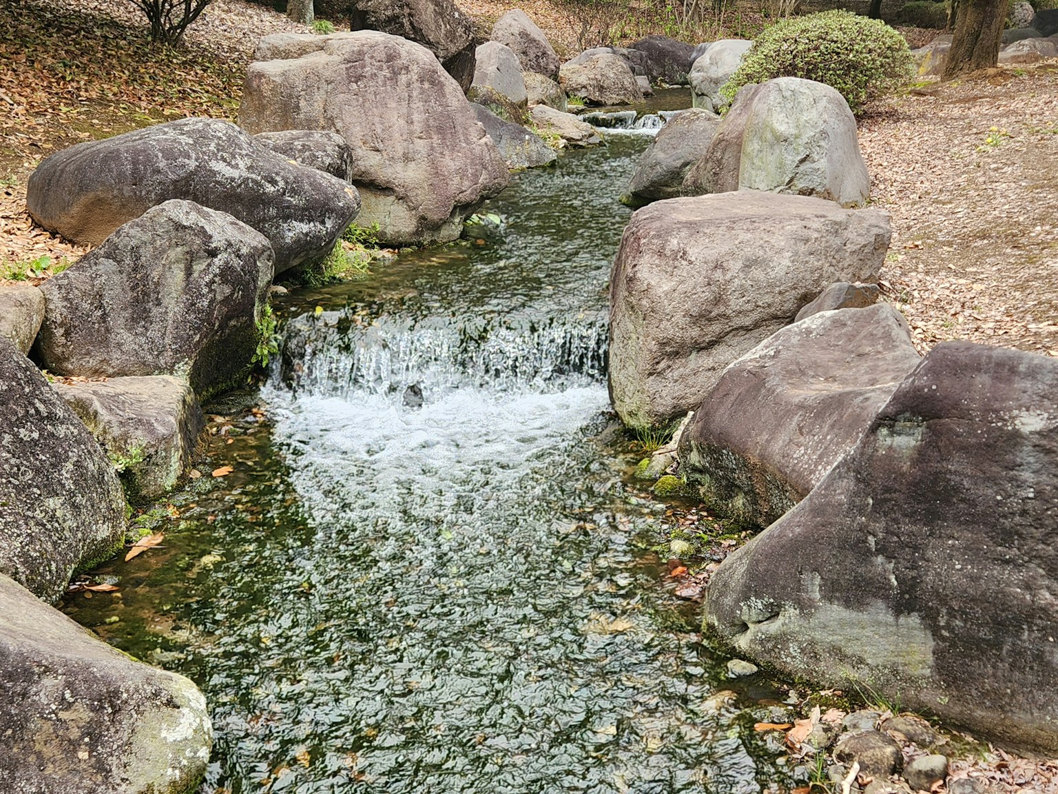 Un arroyo sereno fluyendo entre grandes rocas en un entorno natural