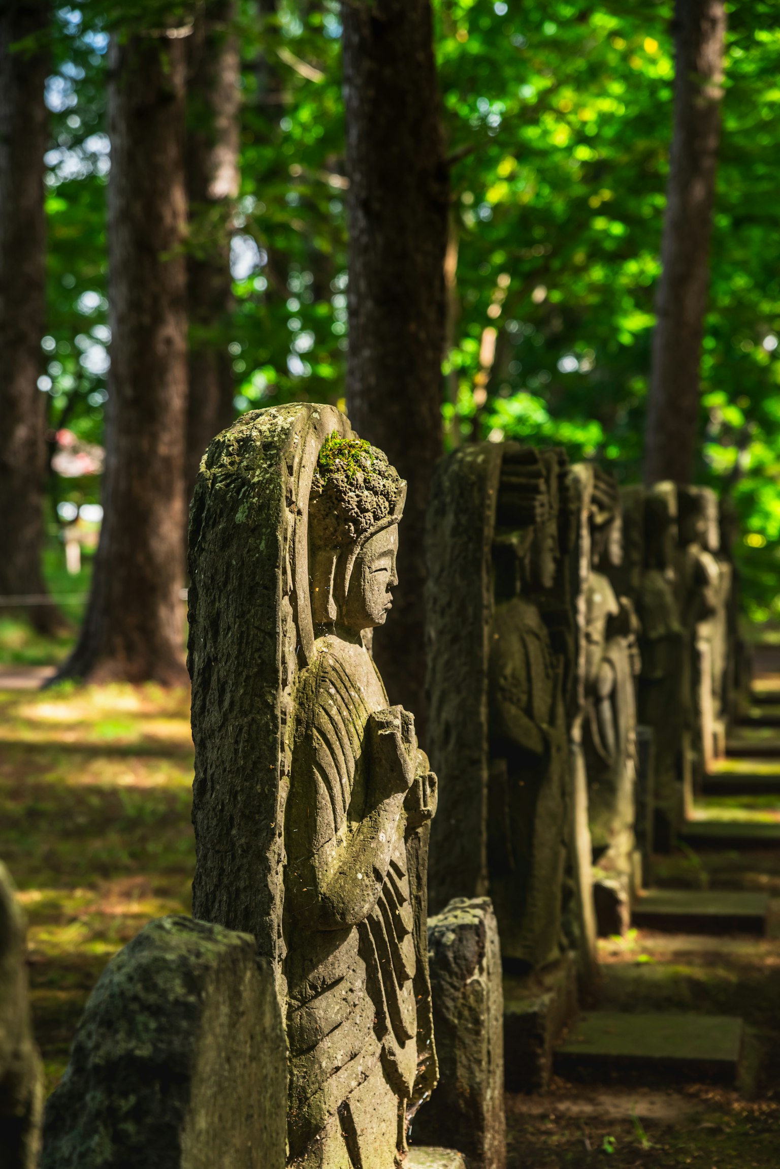 Sculptures en pierre anciennes alignées dans une forêt verdoyante