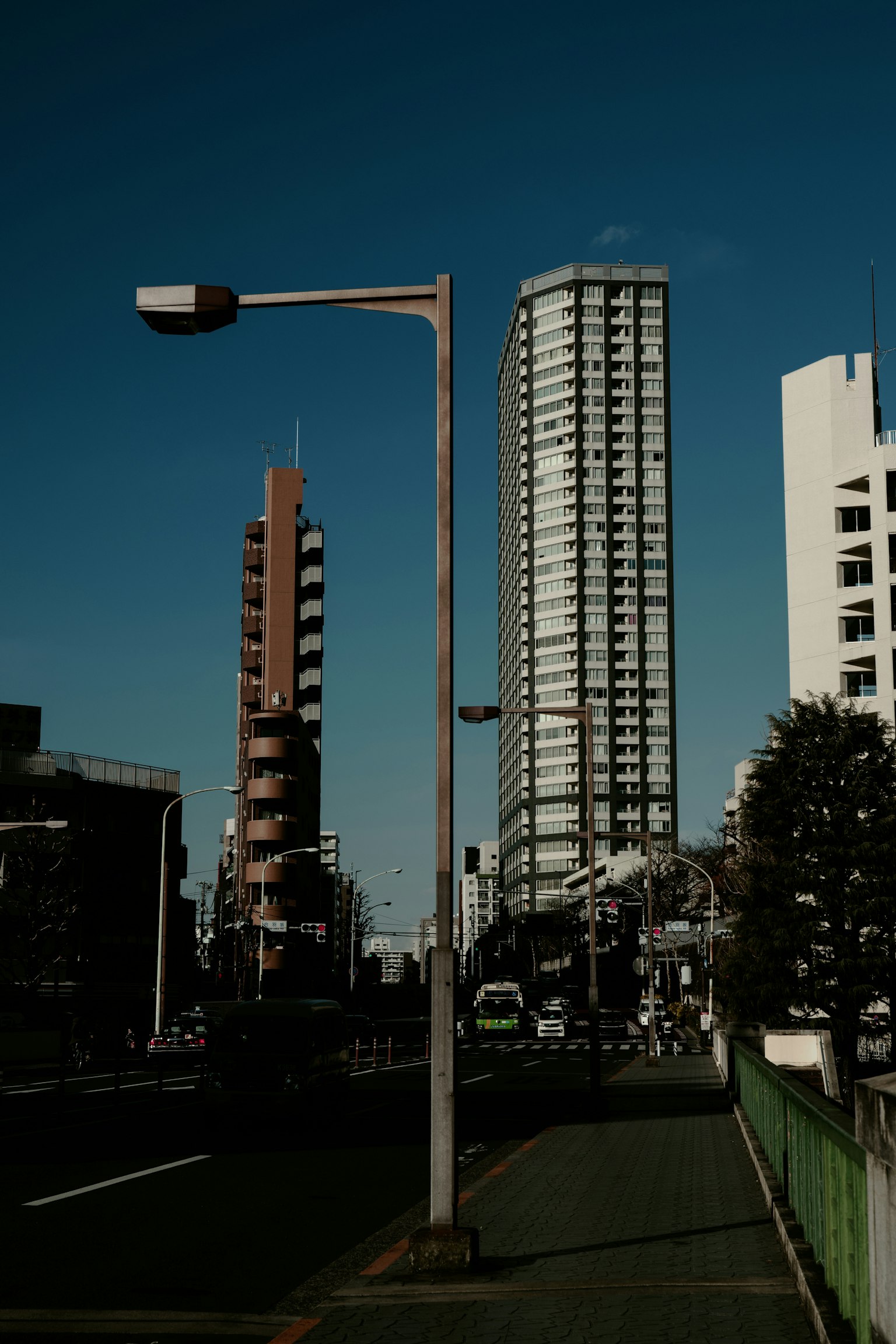 城市景觀，展示摩天大樓和街燈