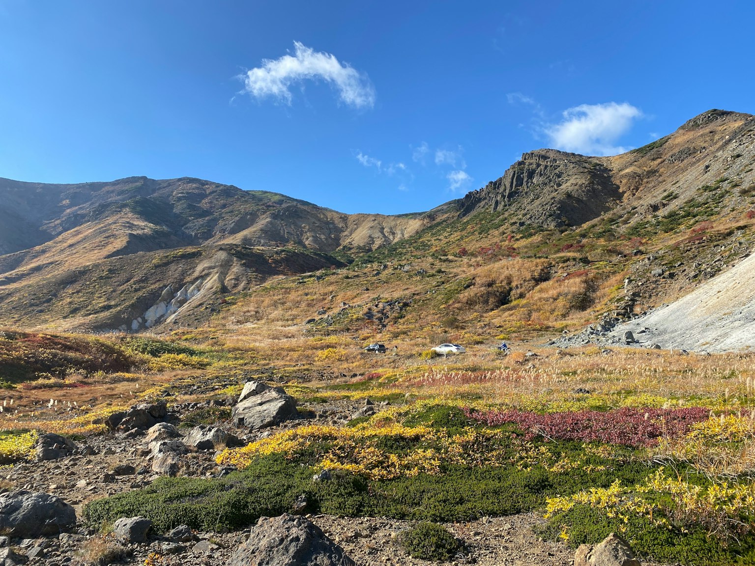 Paesaggio autunnale pittoresco con prati colorati e montagne