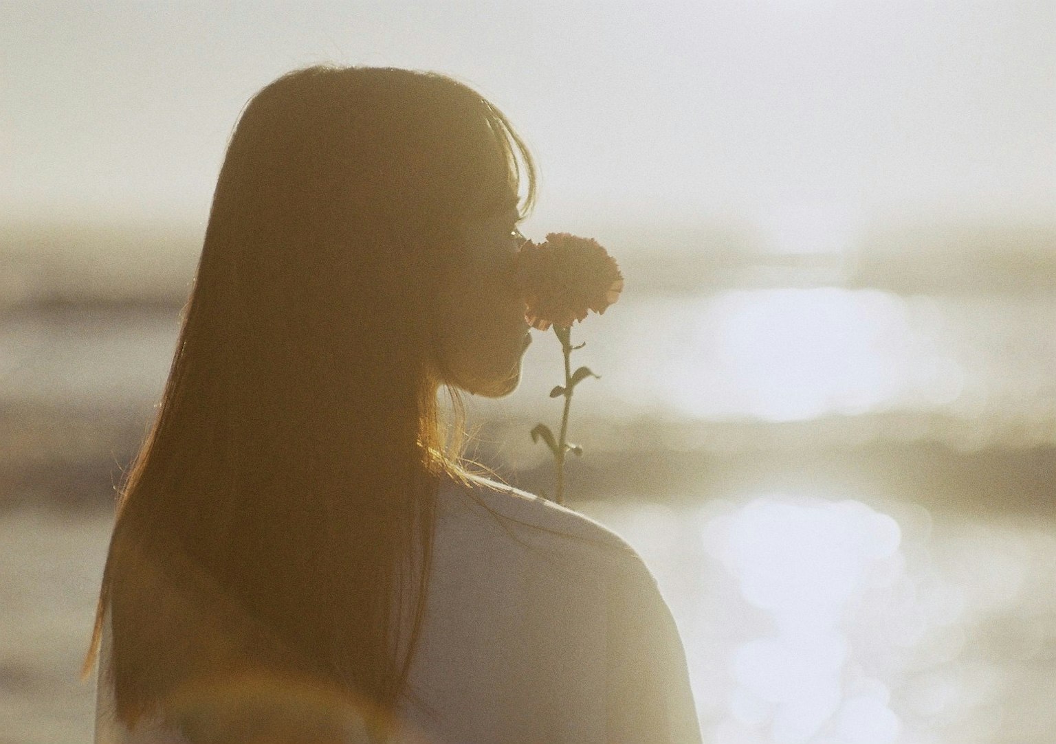 Silhouette of a woman holding a flower by the seaside